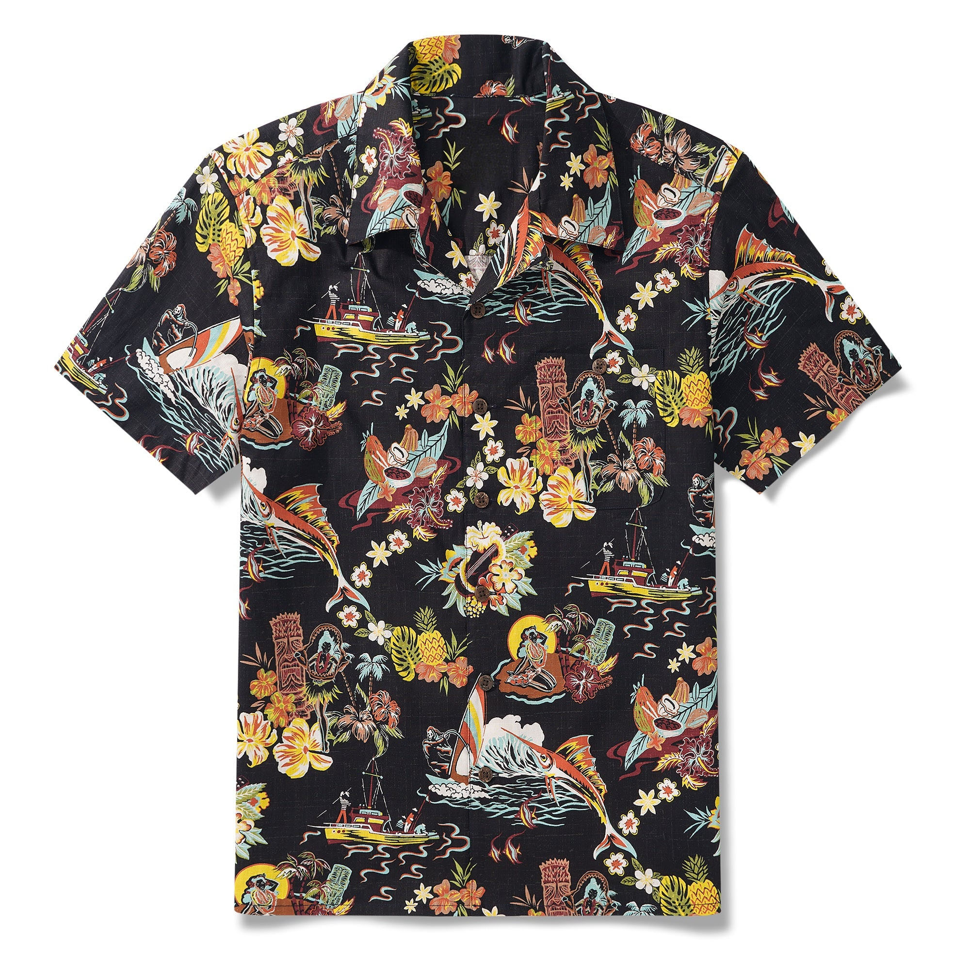 Men's Vintage Hawaiian Shirt Black Tiki Shirt Short Sleeve Camp Collar