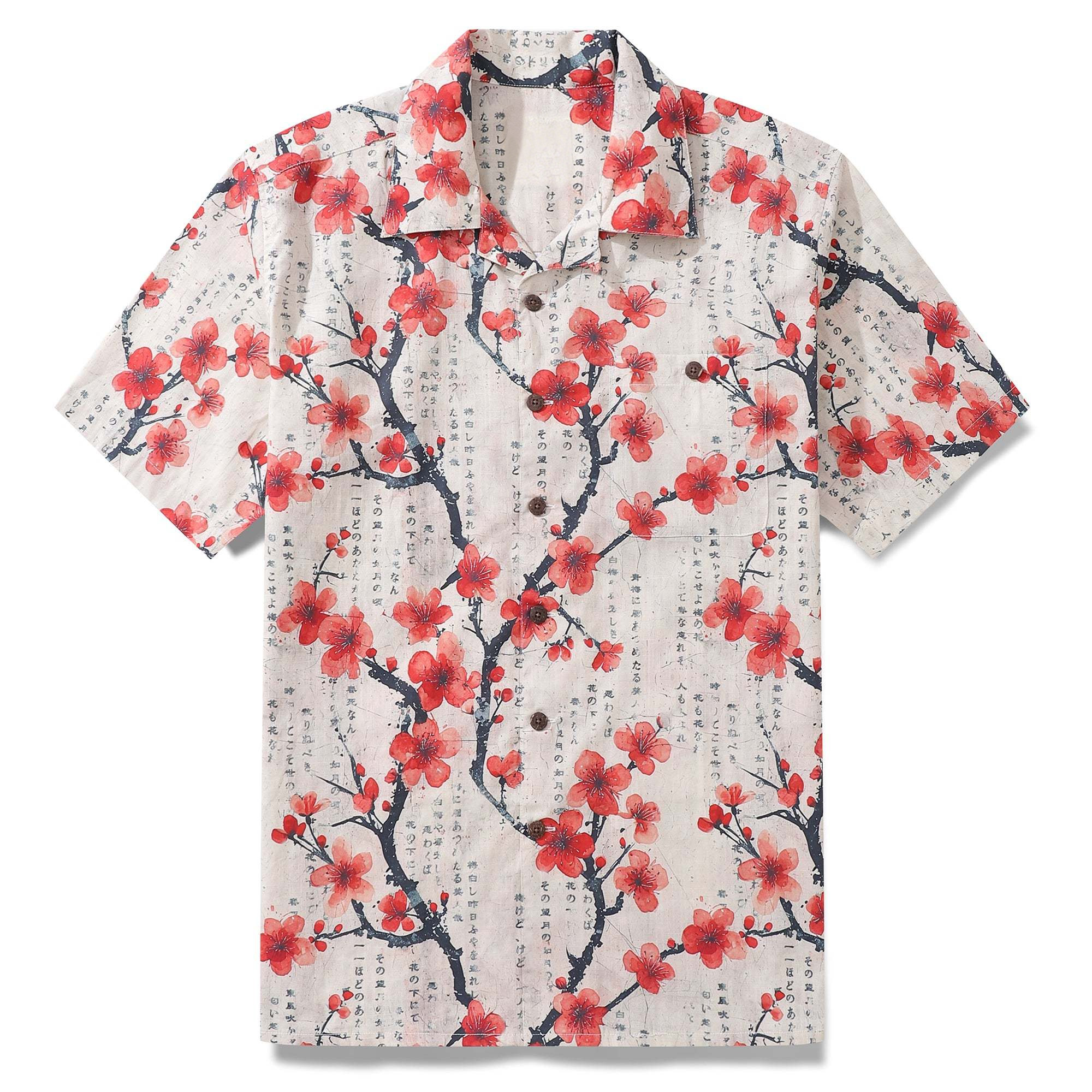 Men's Japanese Shirt 100% Cotton Hawaiian Shirt Poetic Plum Blossoms Camp Collar Shirt