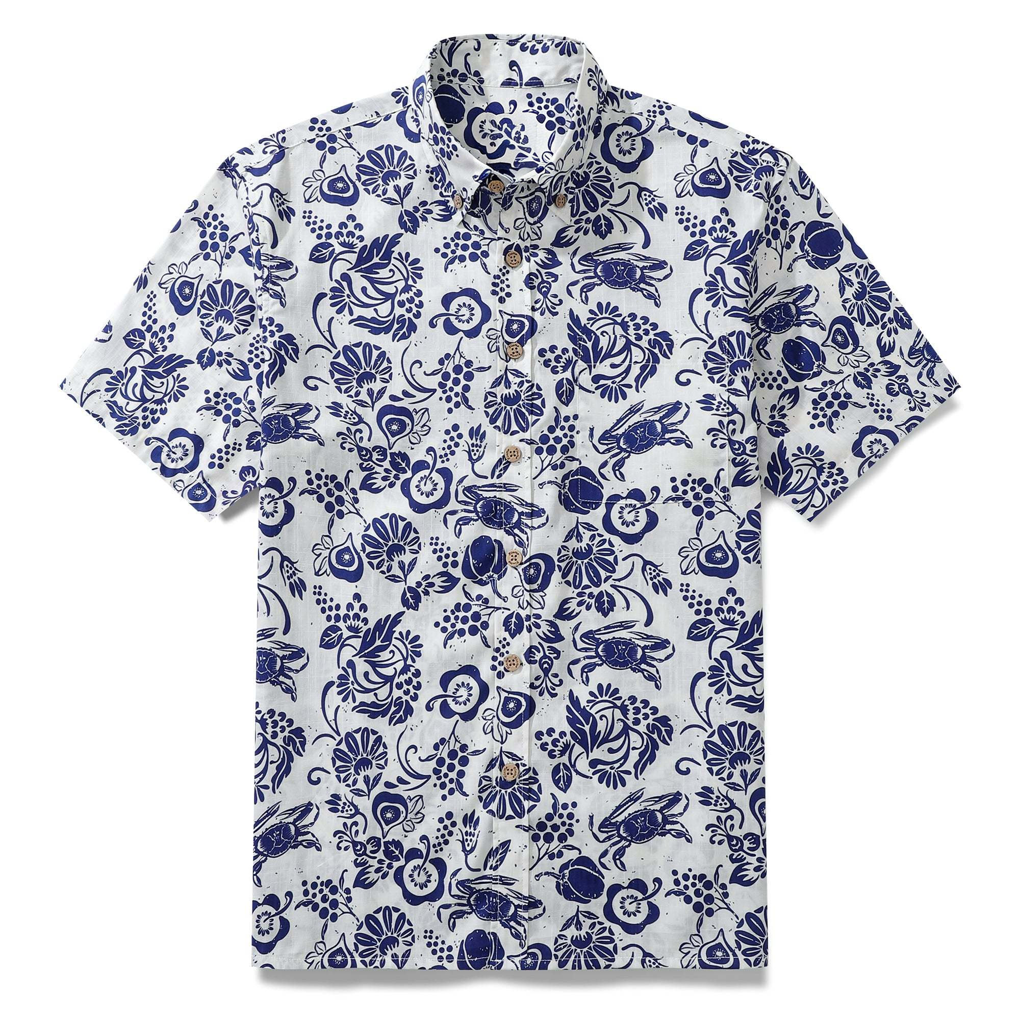 Men's Retro Hawaiian Shirt Blue Batik Style Shirt 100% Cotton Short Sleeve Button-Down Wrinkle Free Shirt
