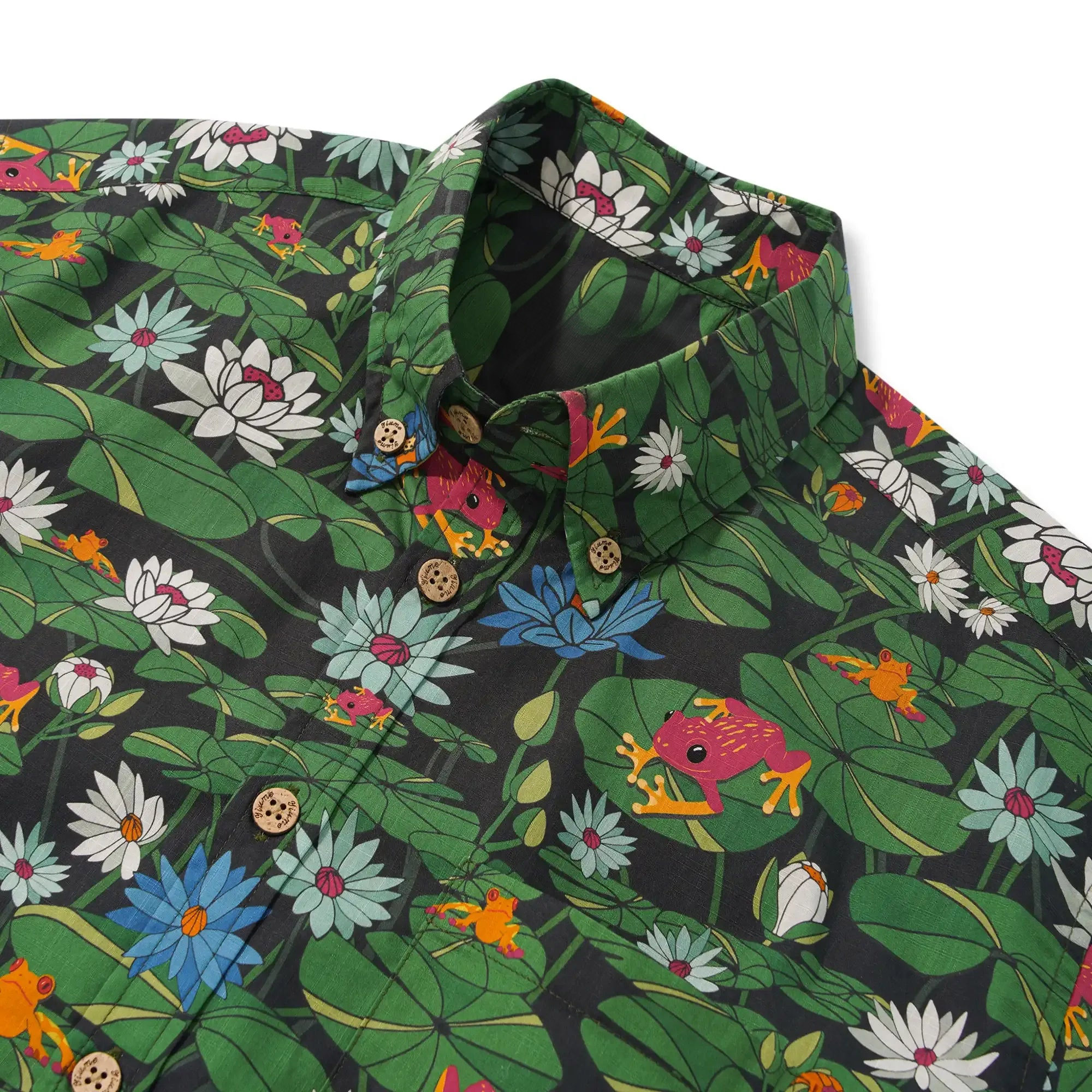 Men's Hawaiian Shirt Short Sleeve Button-down 100% Cotton Green Water Lily Aloha Happy Frogs By Diane Gosselin