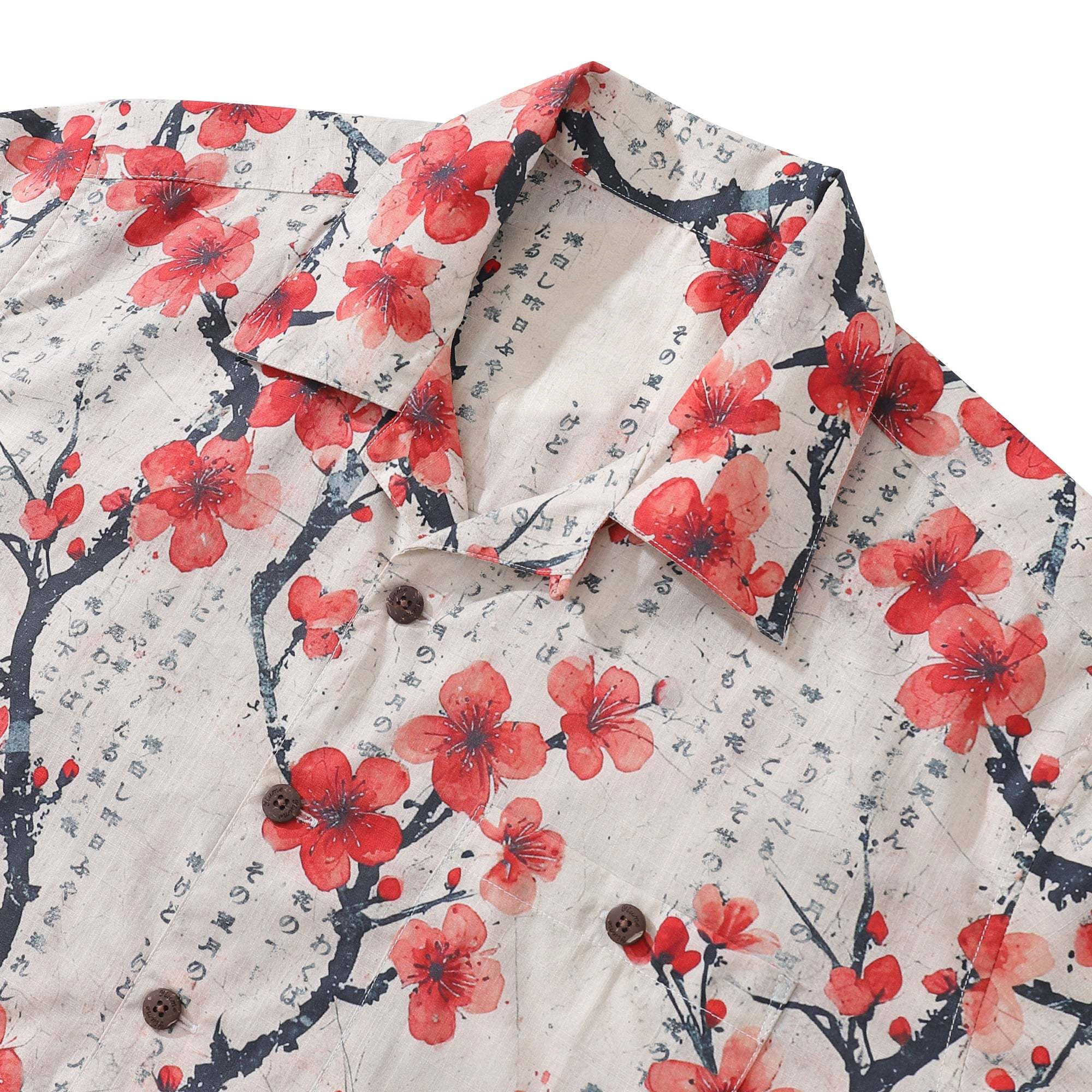 Men's Japanese Shirt 100% Cotton Hawaiian Shirt Poetic Plum Blossoms Camp Collar Shirt