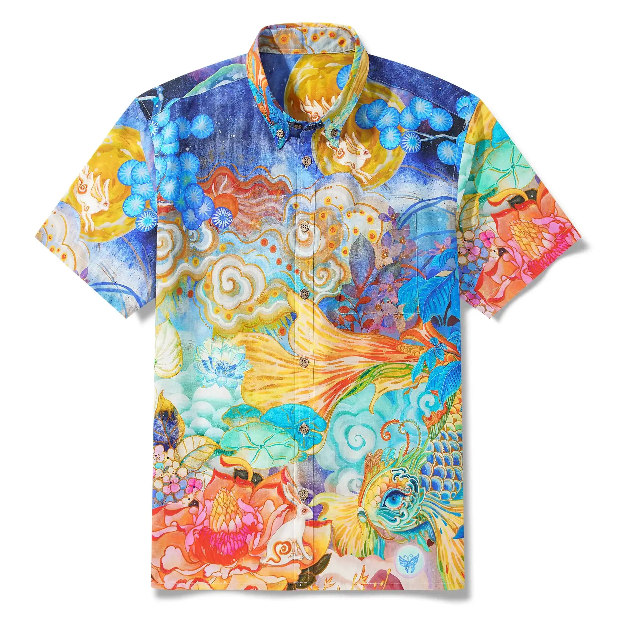 Men's Designer Hawaiian Shirt Cloud-wandering Koi Print Cotton Blue Aloha Shirt