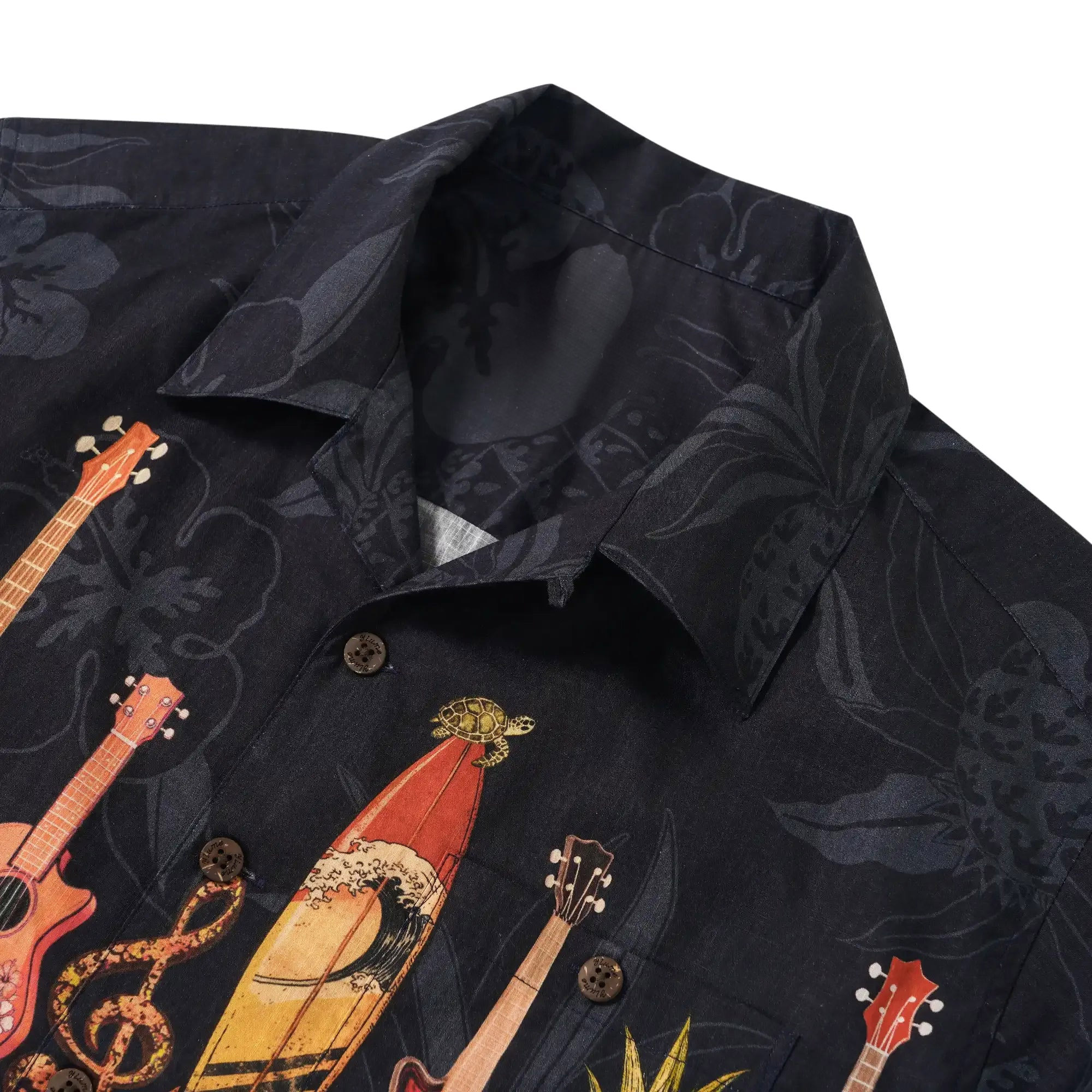 Music Men's Hawaiian Shirt Short Sleeve Camp Collar 100% Cotton Black Aloha Island Serenade