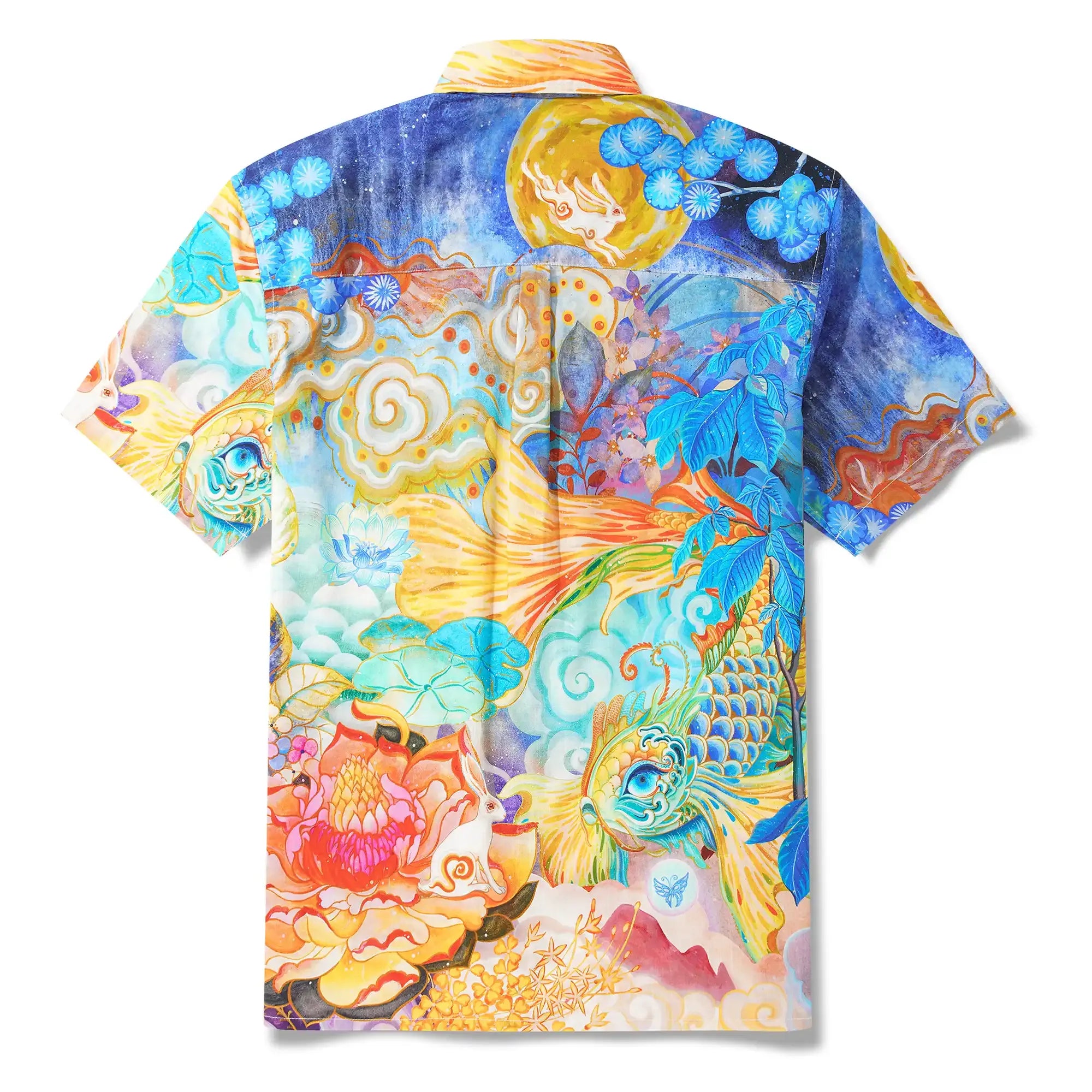 Men's Designer Hawaiian Shirt Cloud-wandering Koi Print Cotton Blue Aloha Shirt