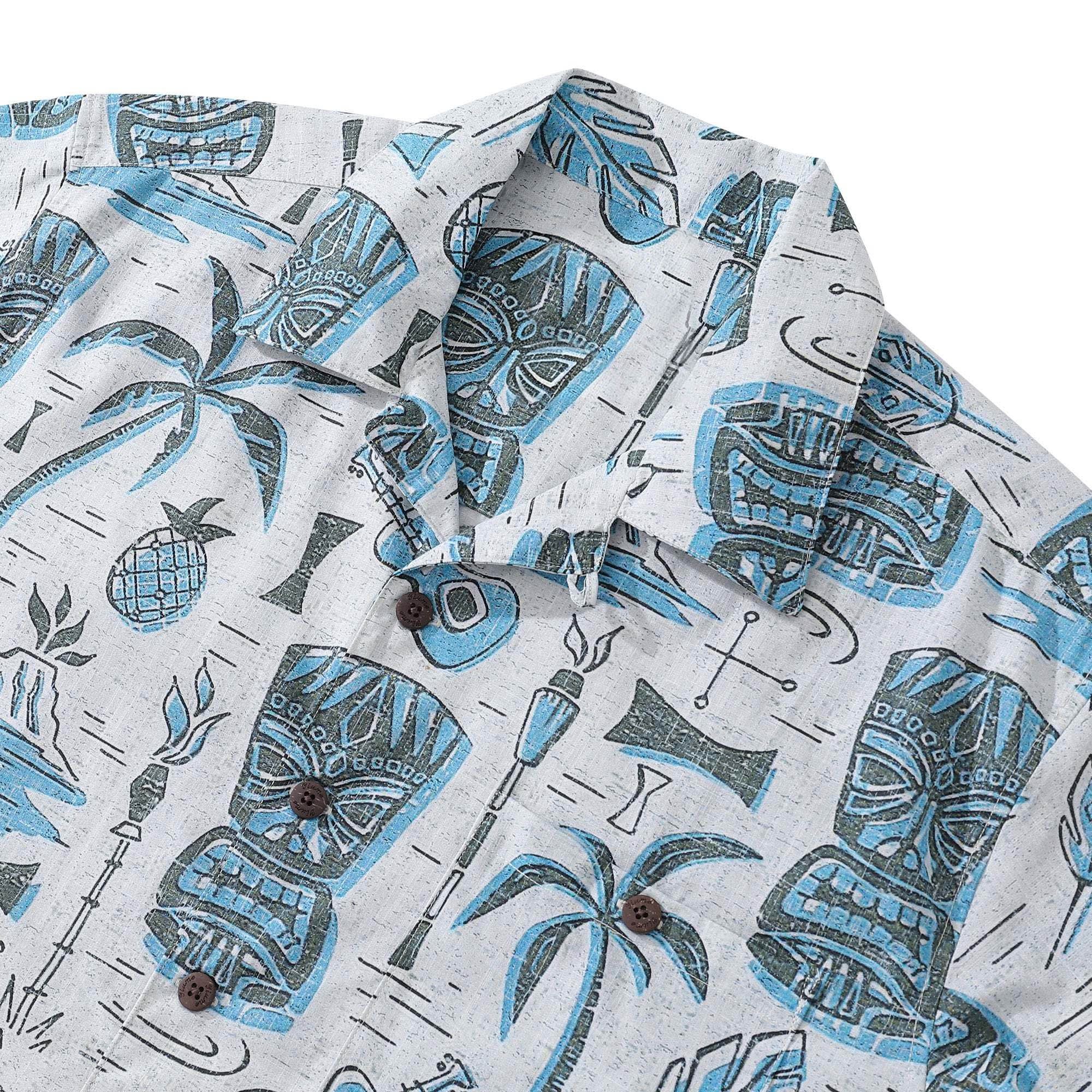 Men's Hawaiian Shirt Short Sleeve Camp Collar 100% Cotton Blue Aloha