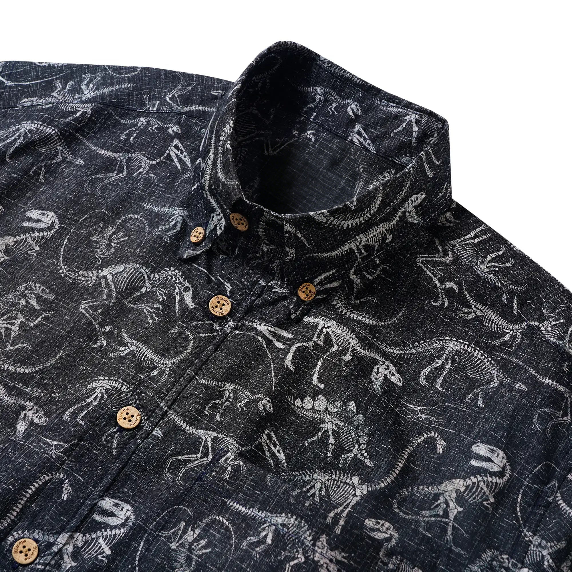 Men's Hawaiian Shirt Short Sleeve Button-down 100% Cotton Black Aloha Dinosaur Fossil Imprint