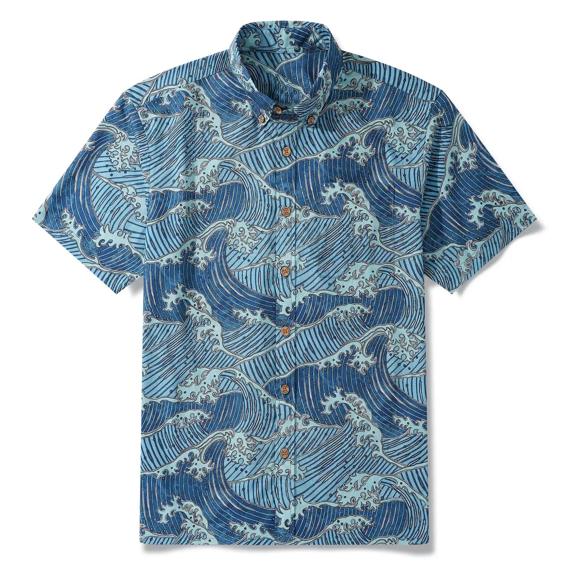 Men's Hawaiian Shirt Short Sleeve Button-down 100% Cotton Blue Aloha Surging Waves Of Ukiyo-e