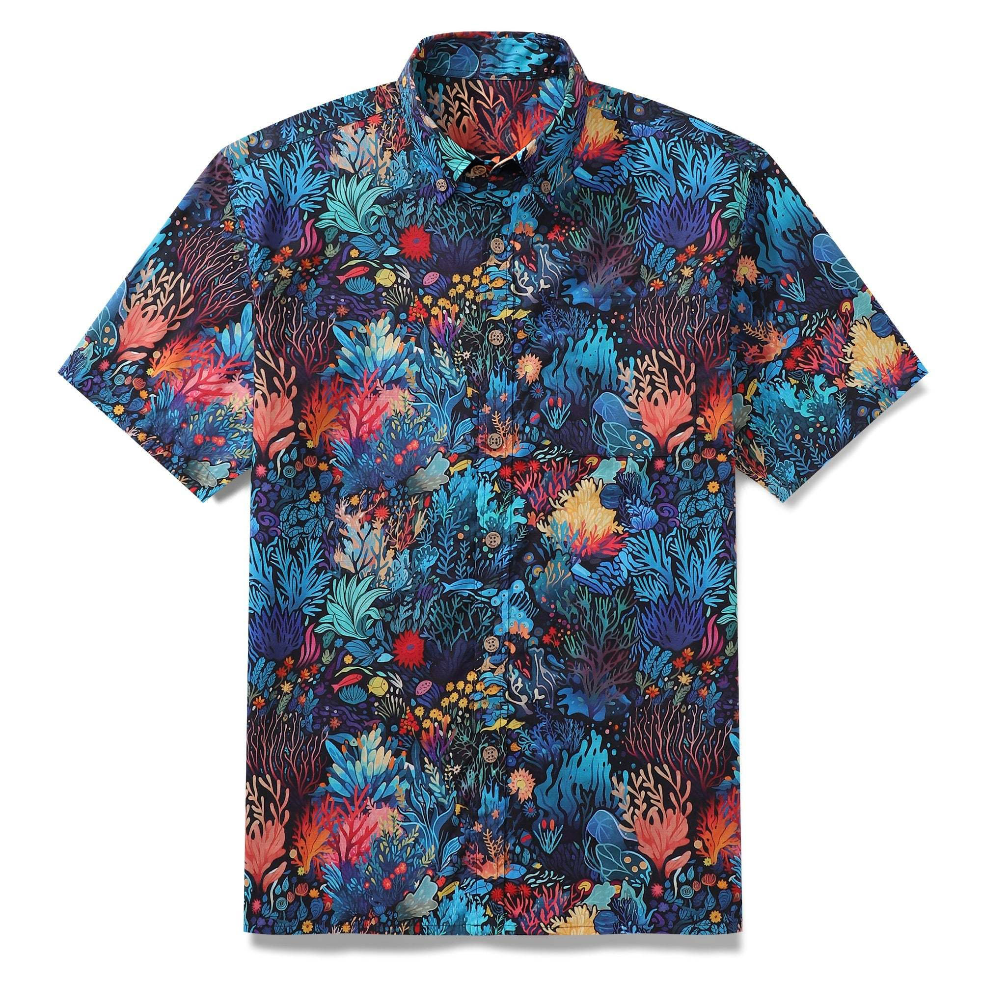 Blue Short Sleeve Button-down Shirt Marine Plants Shirt