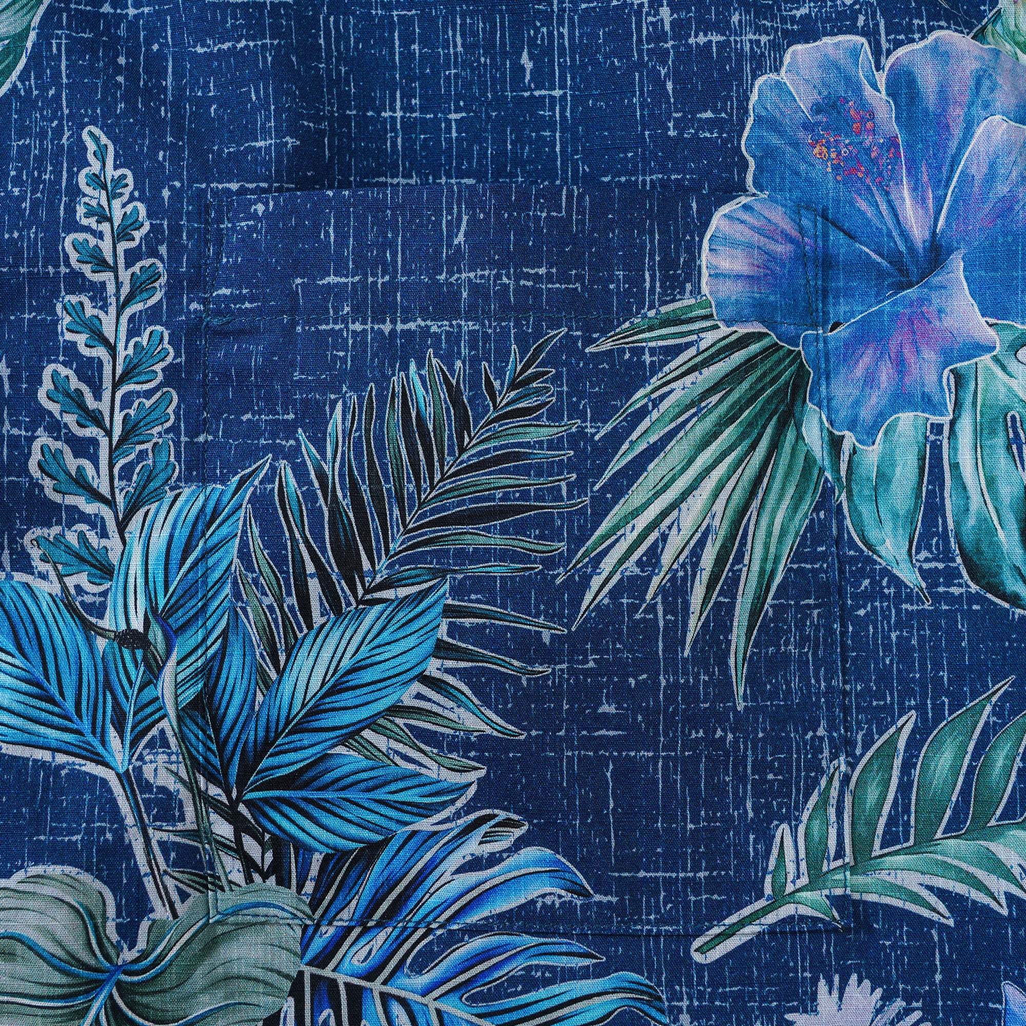 Men's Hawaiian Shirt Short Sleeve Button-down 100% Cotton Green Tranquil Blue Blossoms