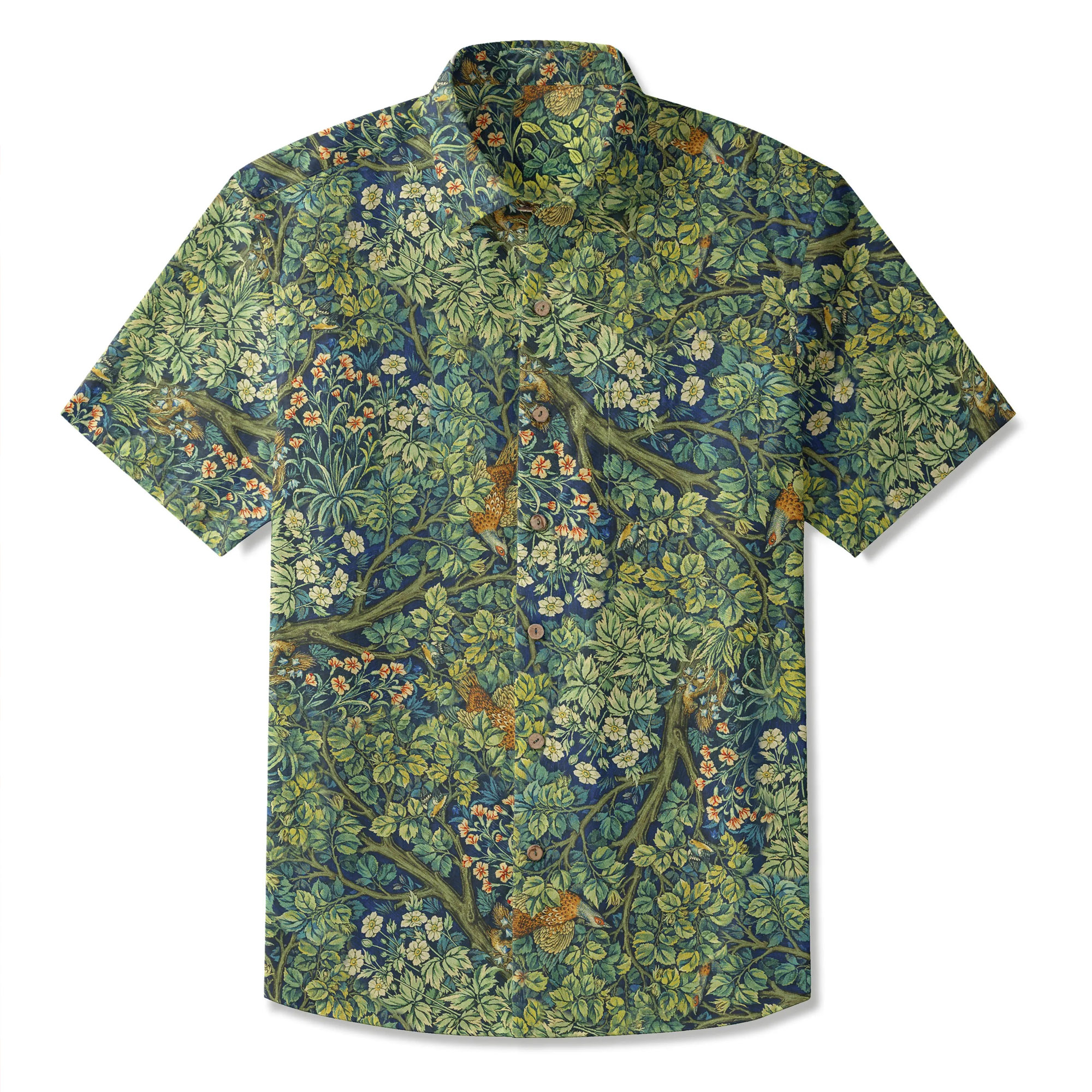 Men's Hawaiian Shirt Short Sleeve Button-up 100% Cotton Green Aloha Jungle Wonderland Art