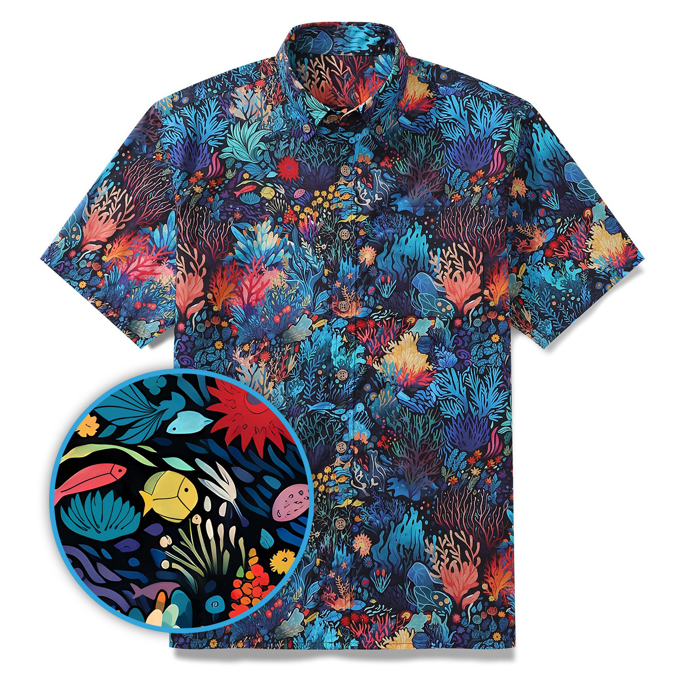 Blue Short Sleeve Button-down Shirt Marine Plants Shirt