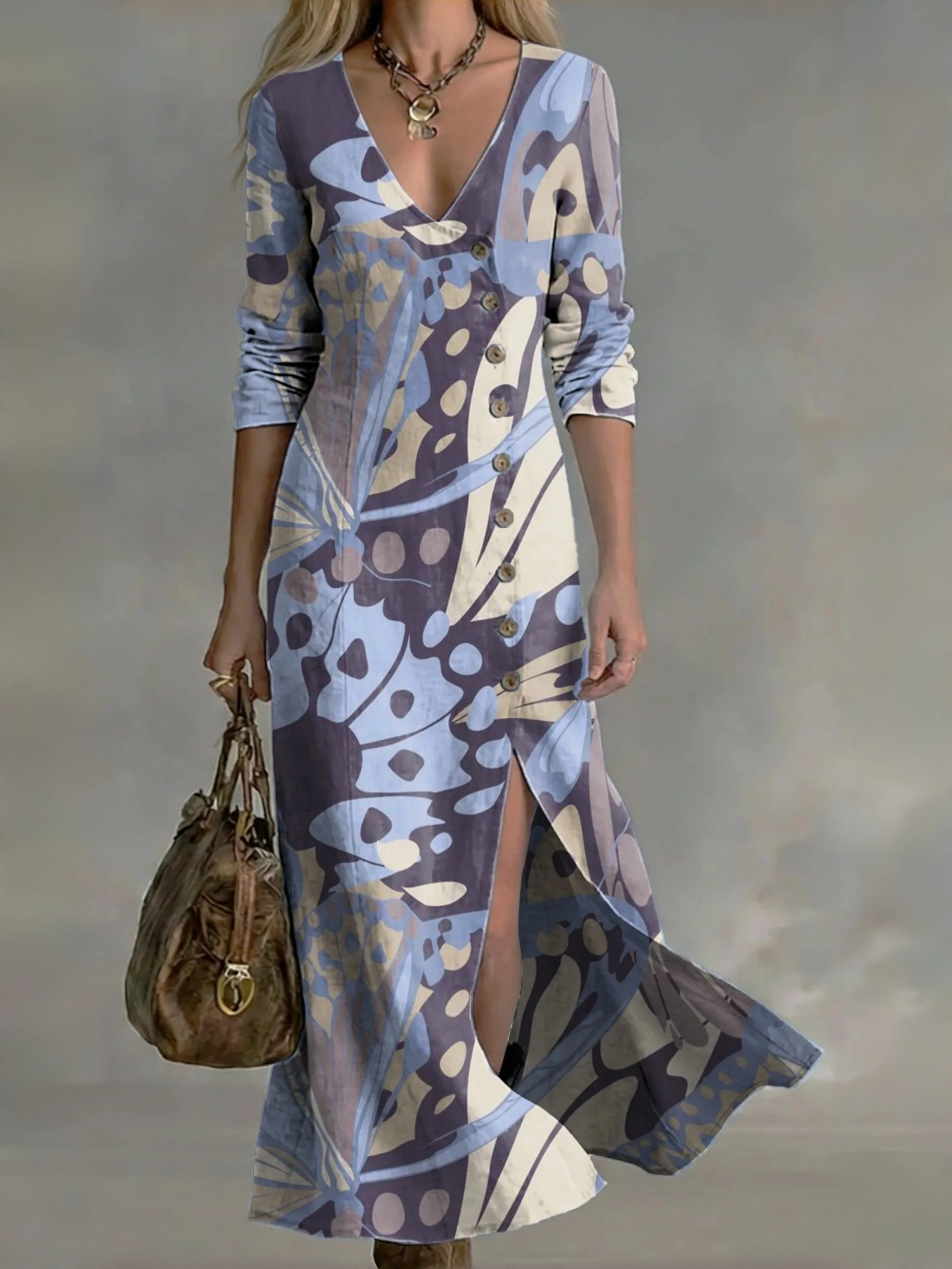 Women's Vintage-style Artistic Print Casual Cotton-linen Maxi Dress