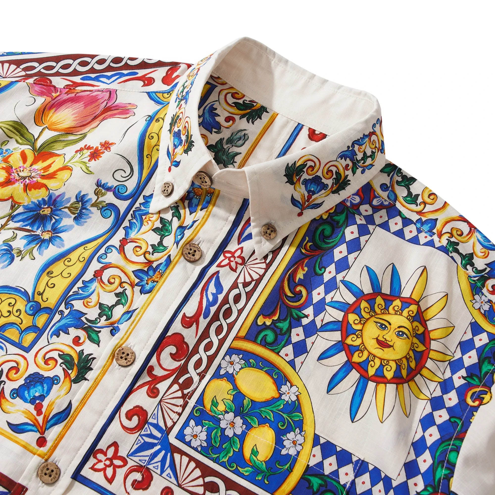 Men's Hawaiian Shirt Short Sleeve Button-down 100% Cotton Blue Flower Aloha Lemon Sicily Venice