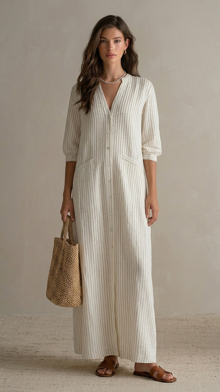 3/4 Sleeve V‑Neck Button‑Front Pocketed Casual Long Dress