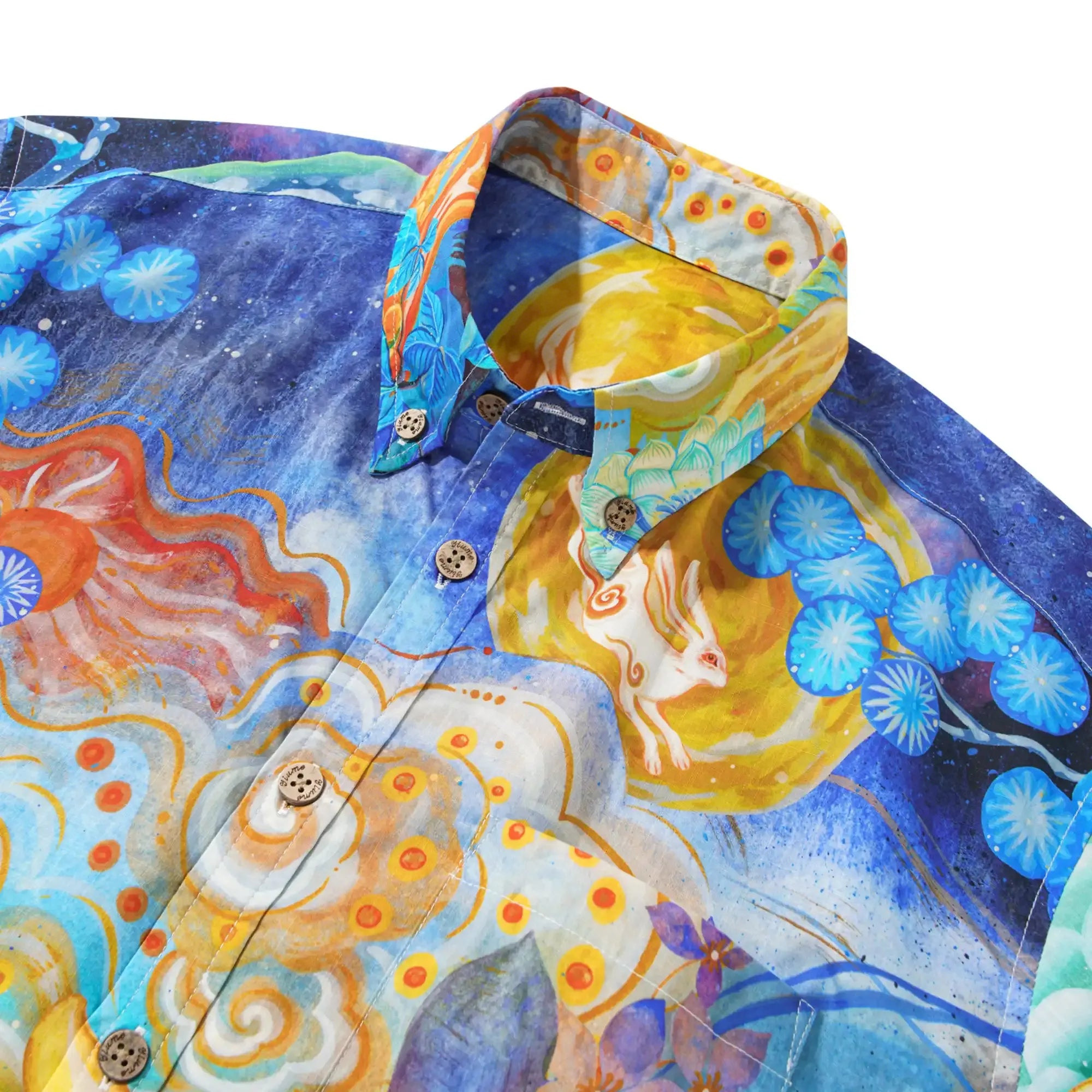 Men's Designer Hawaiian Shirt Cloud-wandering Koi Print Cotton Blue Aloha Shirt