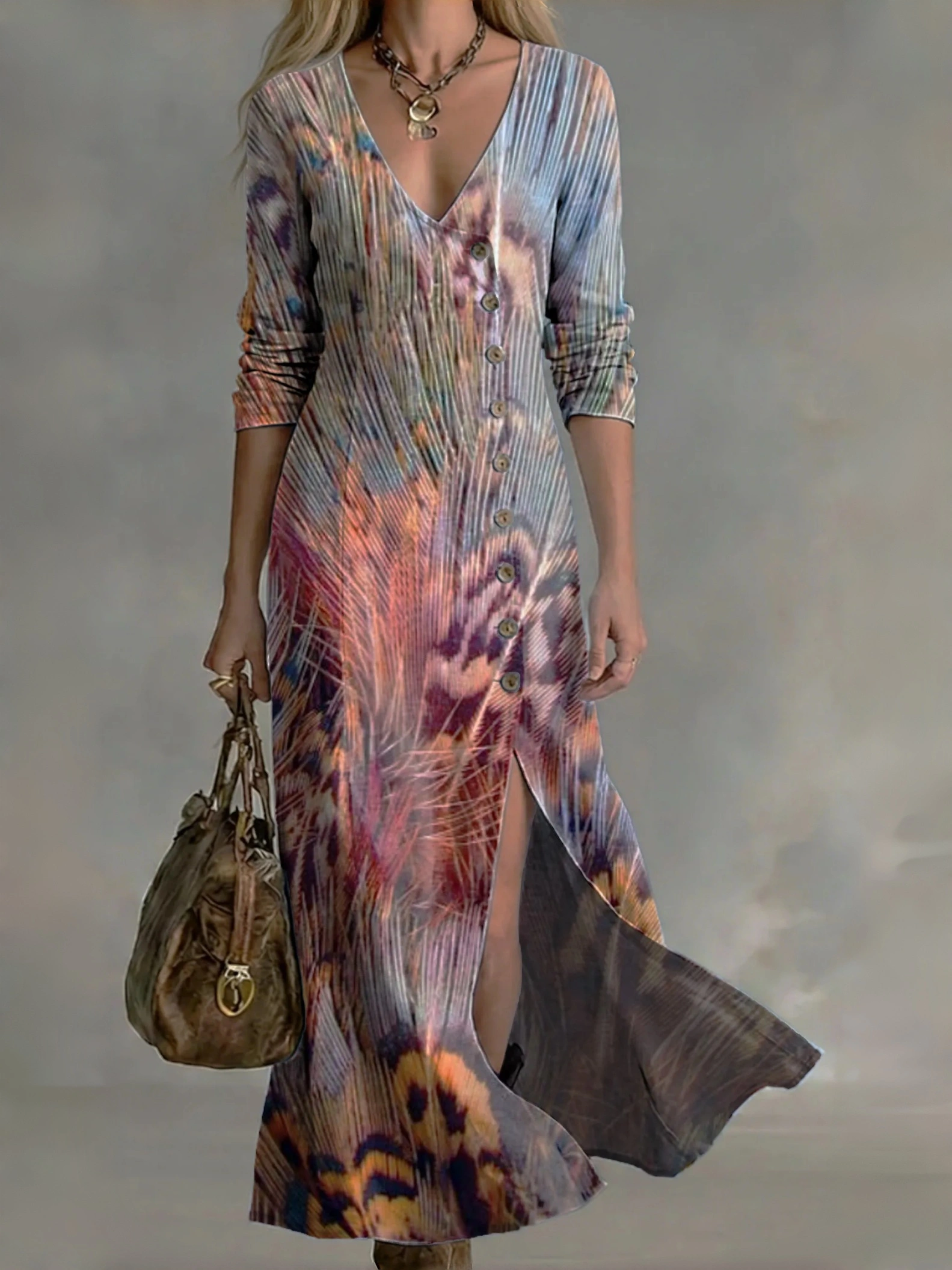 Women's Vintage Abstract Art Print Casual Cotton-linen Button-down Dress