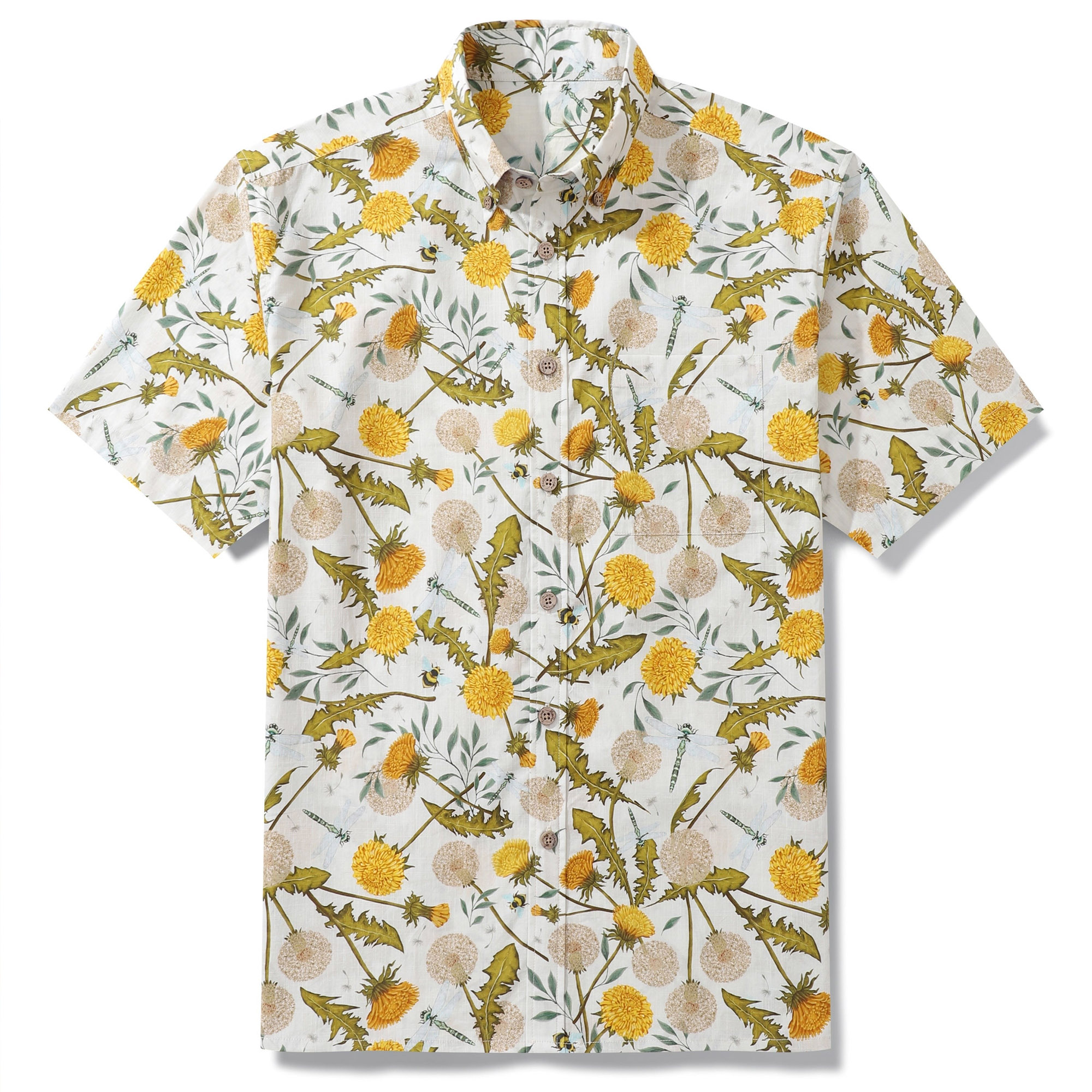 Hawaiian Shirt For Men 100% Cotton Short Sleeve Button-down Aloha Shirt Dandelions and Dragonflies Shirt