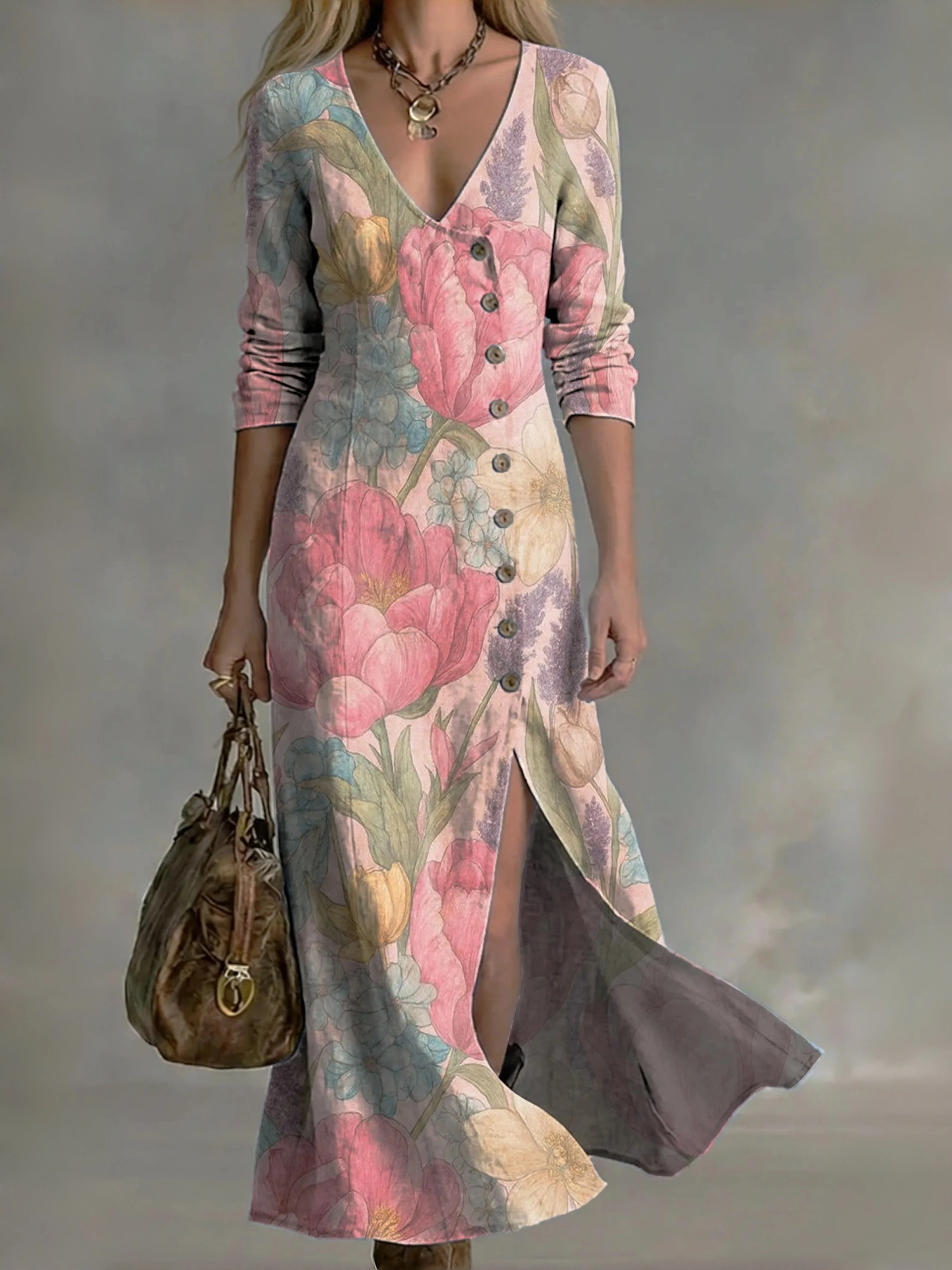 Women's Vintage Floral Art Print Casual Cotton-linen Button-down Dress