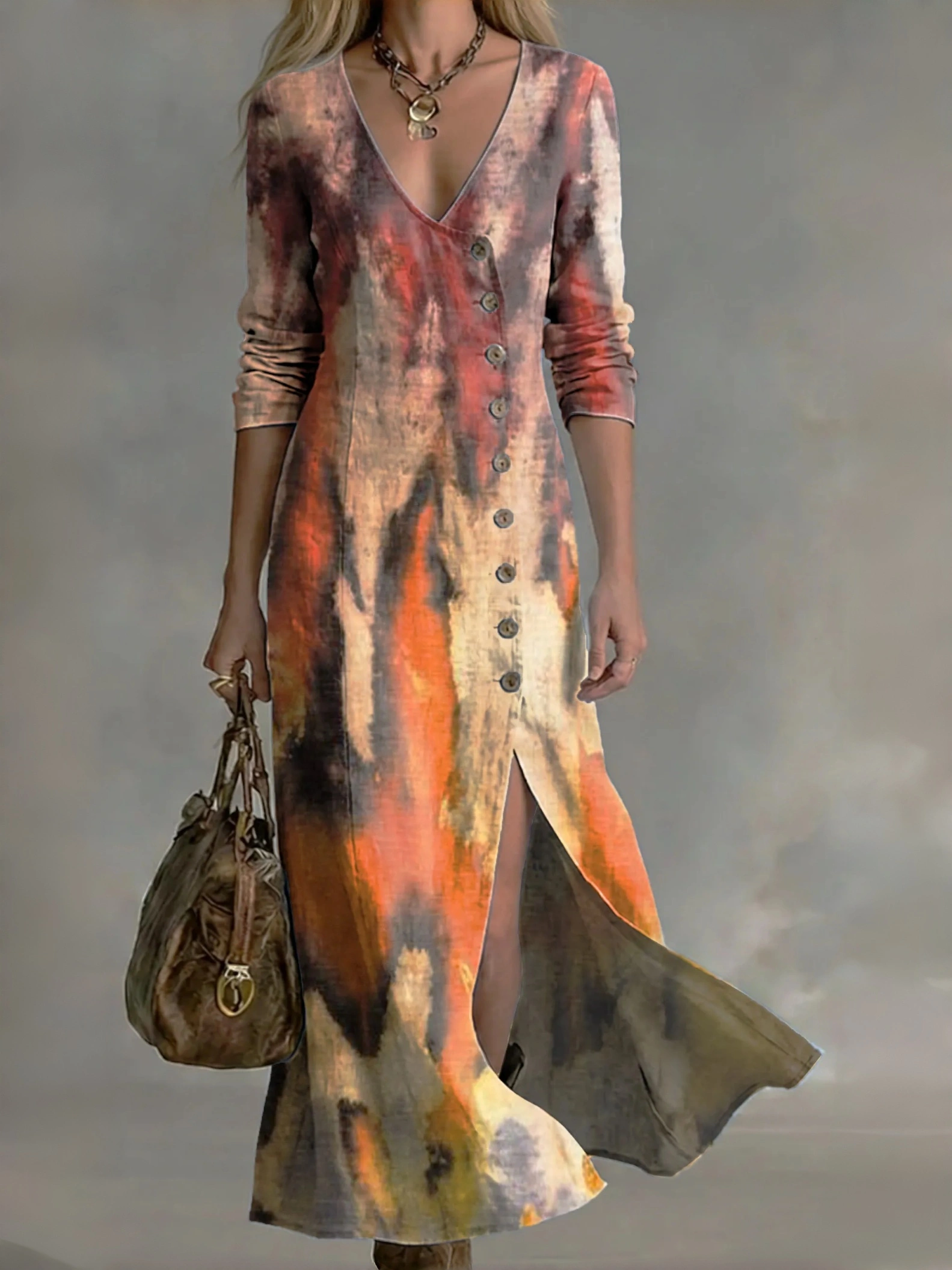 Women's Vintage-style Splash-ink Art Print Cotton-linen Dress â€” Casual, Stylish, And Button-front