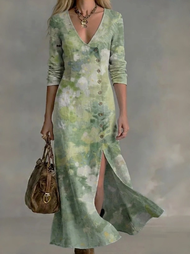Women's Vintage-style Artistic Print Casual Cotton-linen Maxi Dress