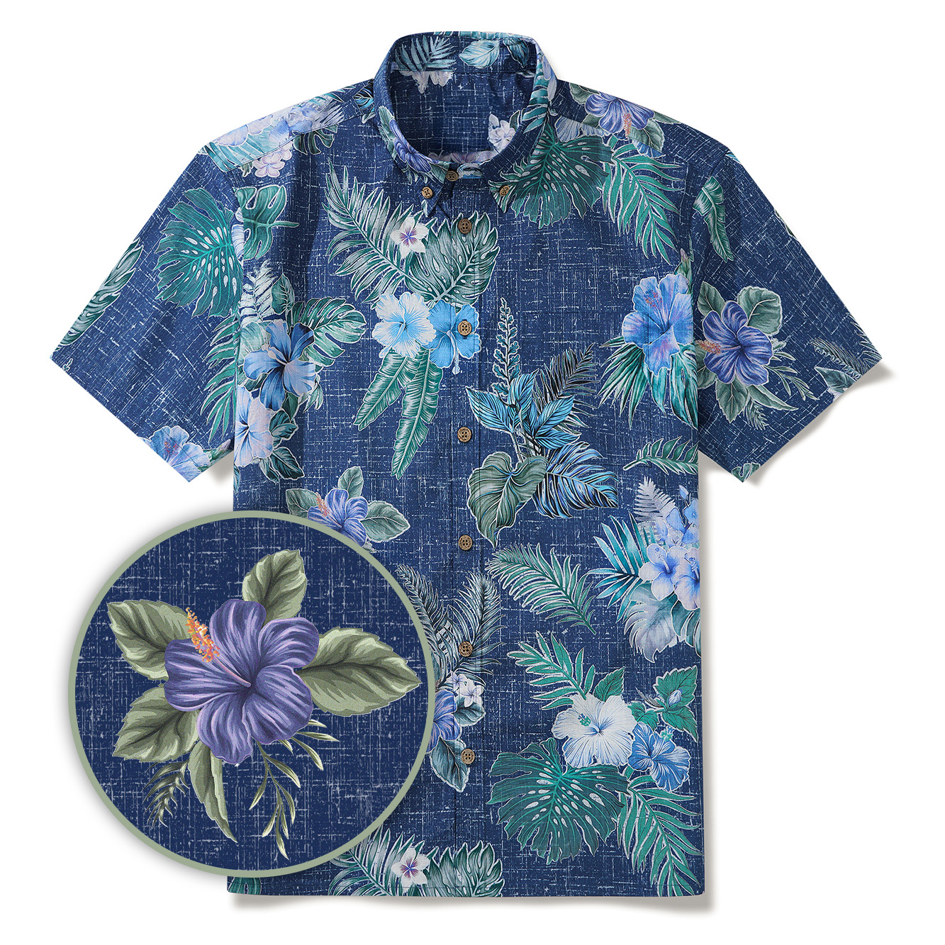 Men's Hawaiian Shirt Short Sleeve Button-down 100% Cotton Green Tranquil Blue Blossoms