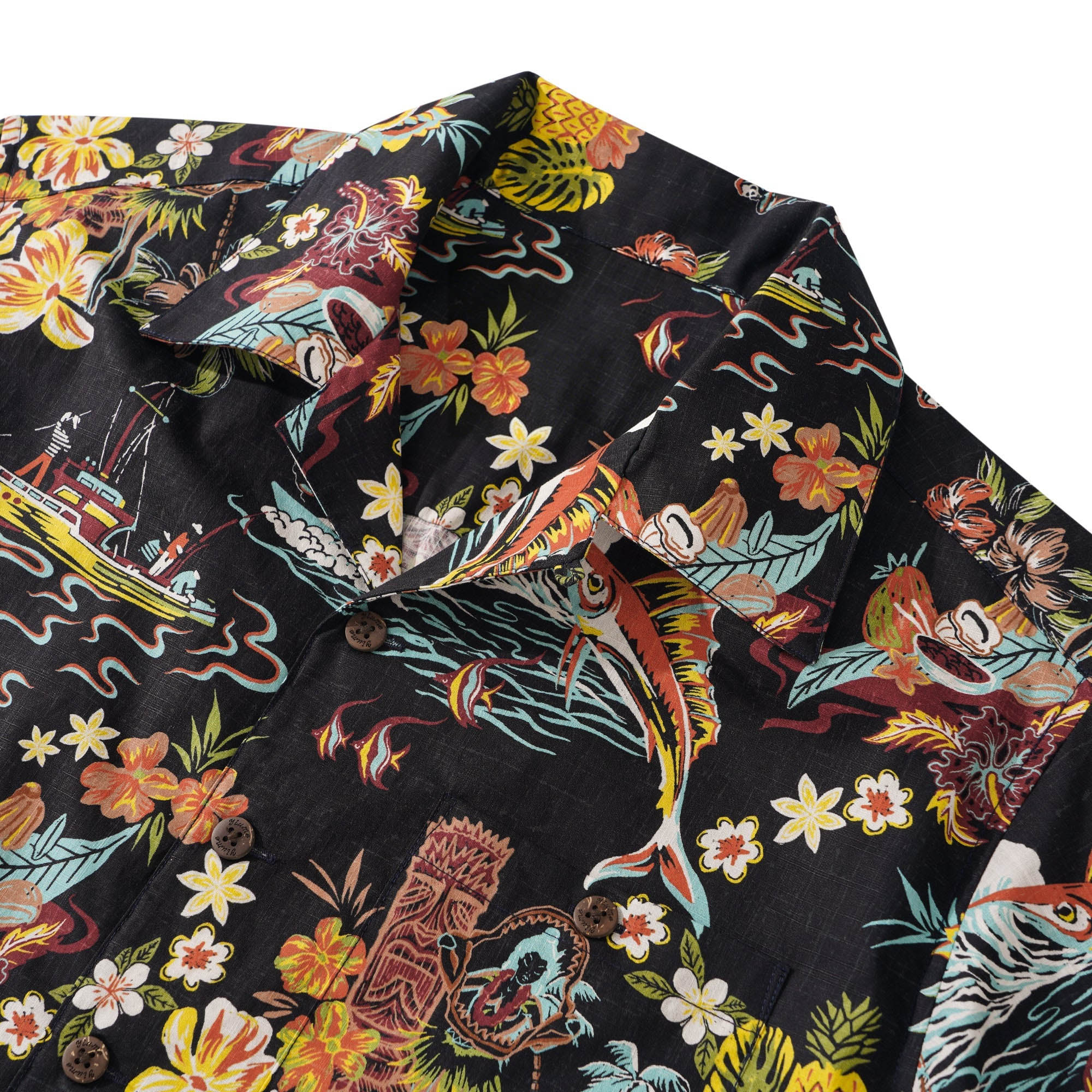 Men's Vintage Hawaiian Shirt Black Tiki Shirt Short Sleeve Camp Collar