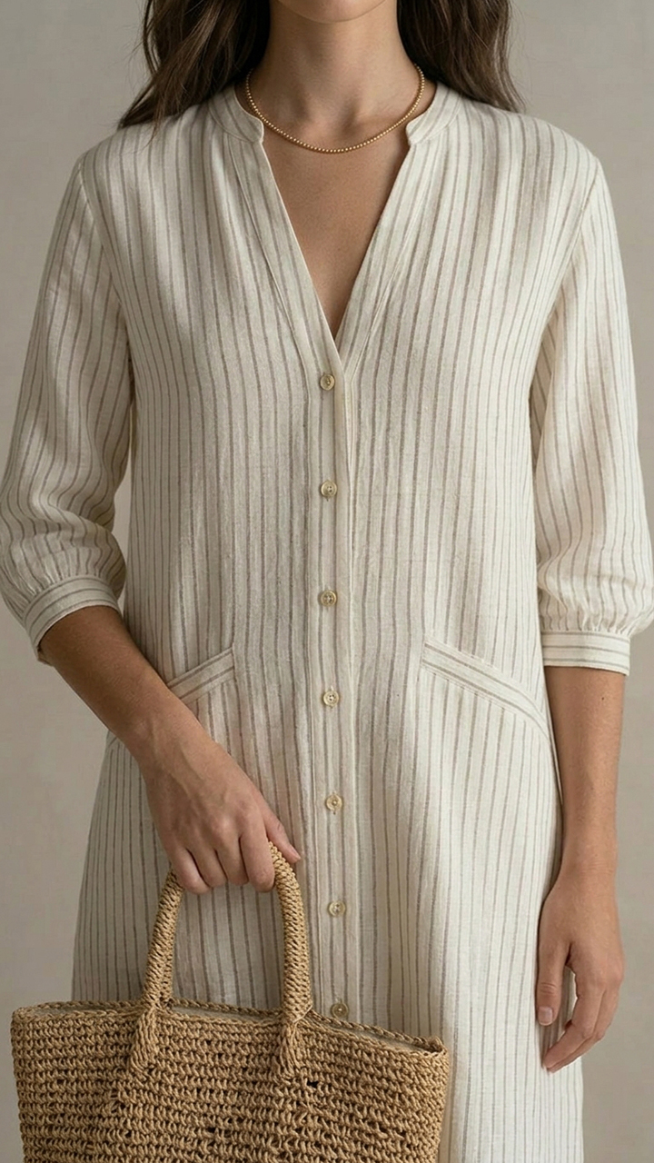 3/4 Sleeve V‑Neck Button‑Front Pocketed Casual Long Dress