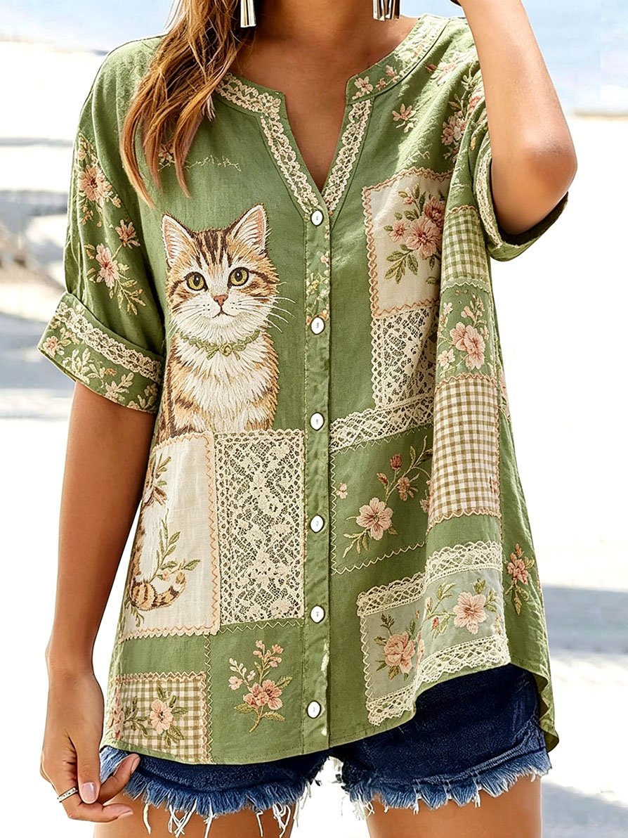 🐱Women's Casual Retro Cat and Floral Top💛