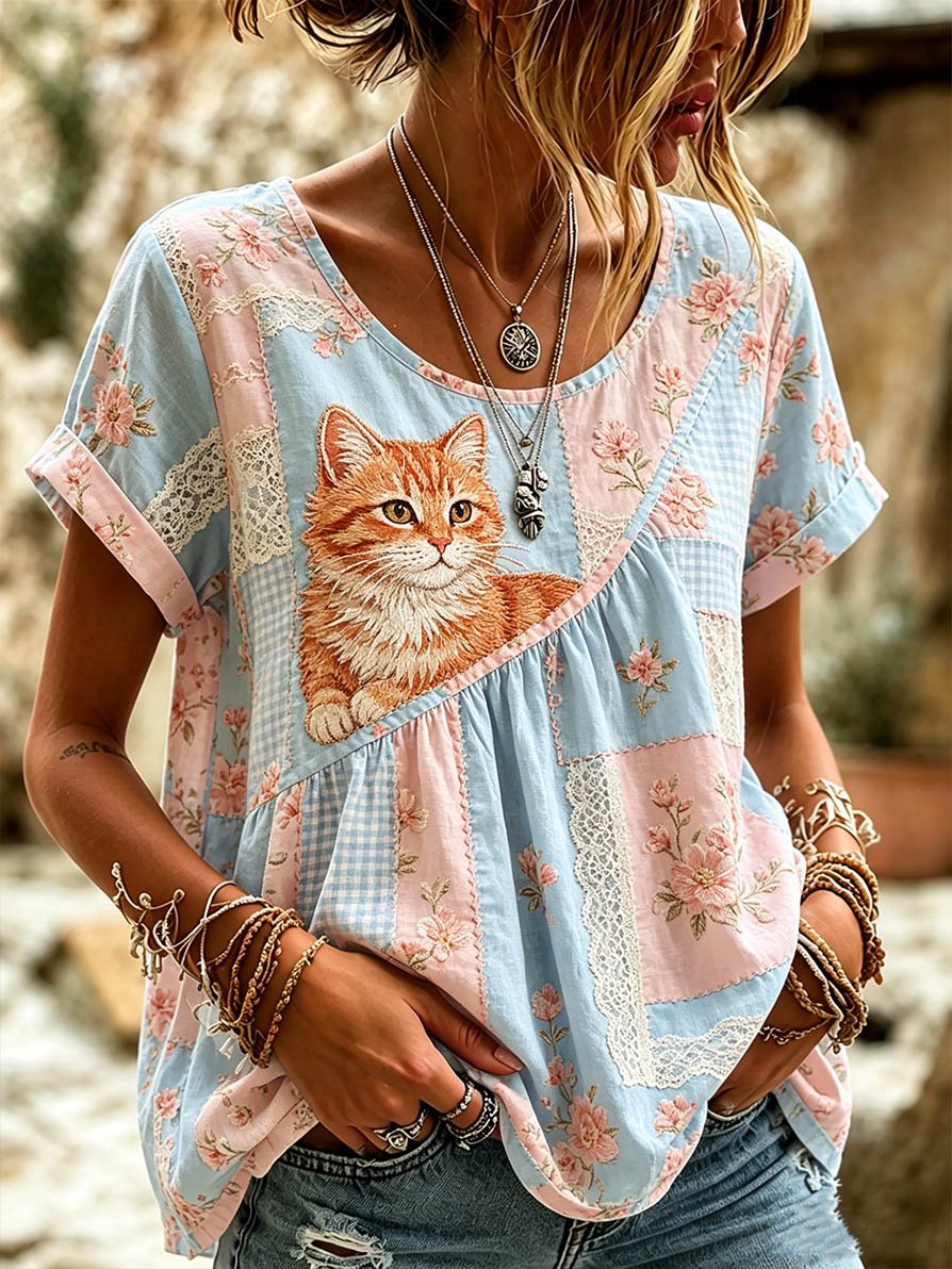 🐱Women's Casual Animal Cat Floral Cotton Linen Top💛100% For Shelter Pets🐱🐶