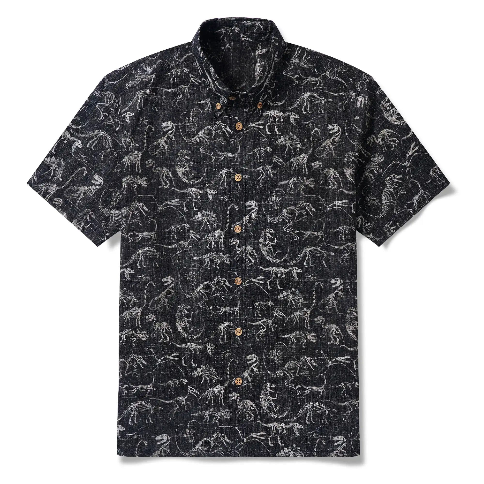 Men's Hawaiian Shirt Short Sleeve Button-down 100% Cotton Black Aloha Dinosaur Fossil Imprint