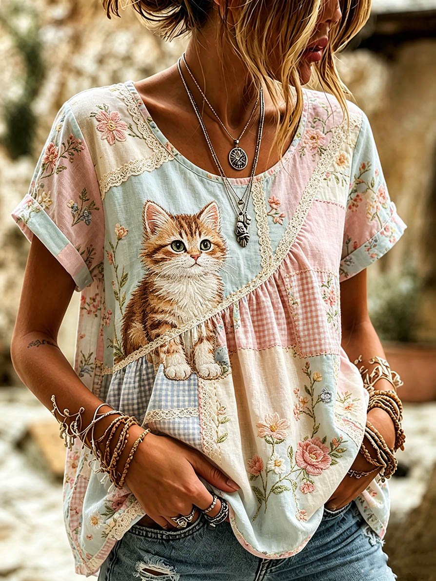 🐱Women's Casual Animal Cat Floral Cotton Linen Top💛100% For Shelter Pets🐱🐶