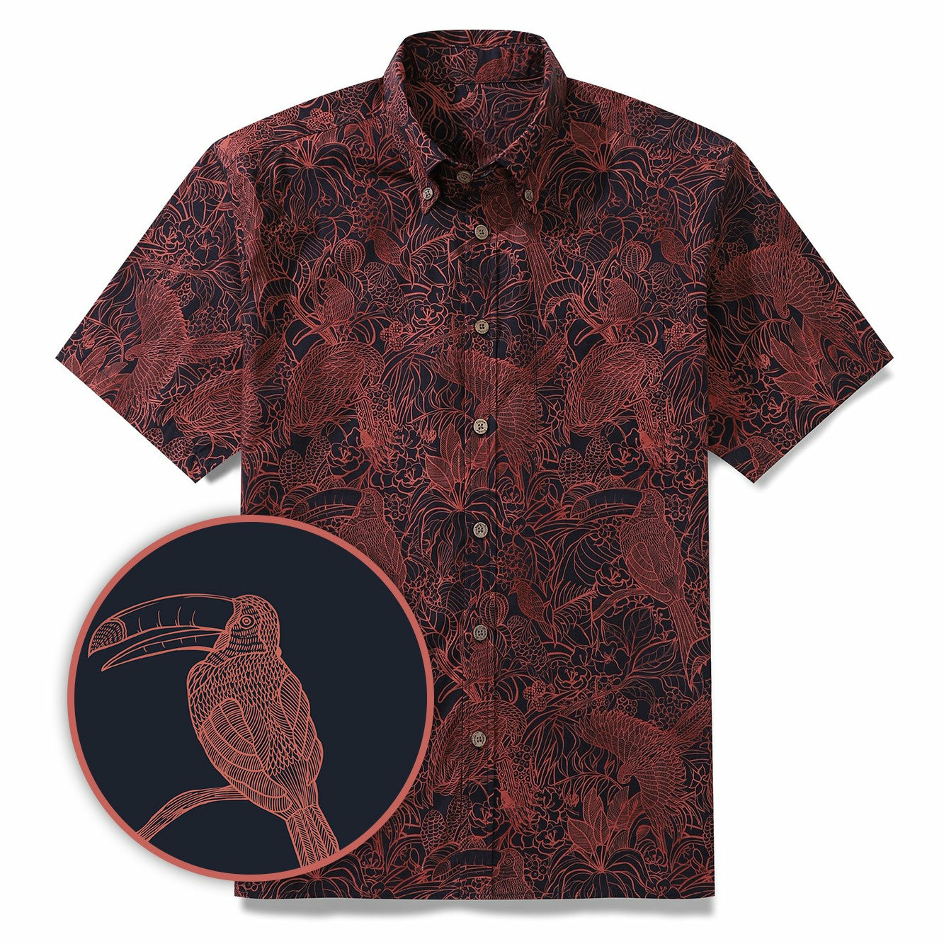 Men's Breathable Shirt Red Hawaiian Shirt Birds Print 100% Cotton Short Sleeve Button-down Shirt