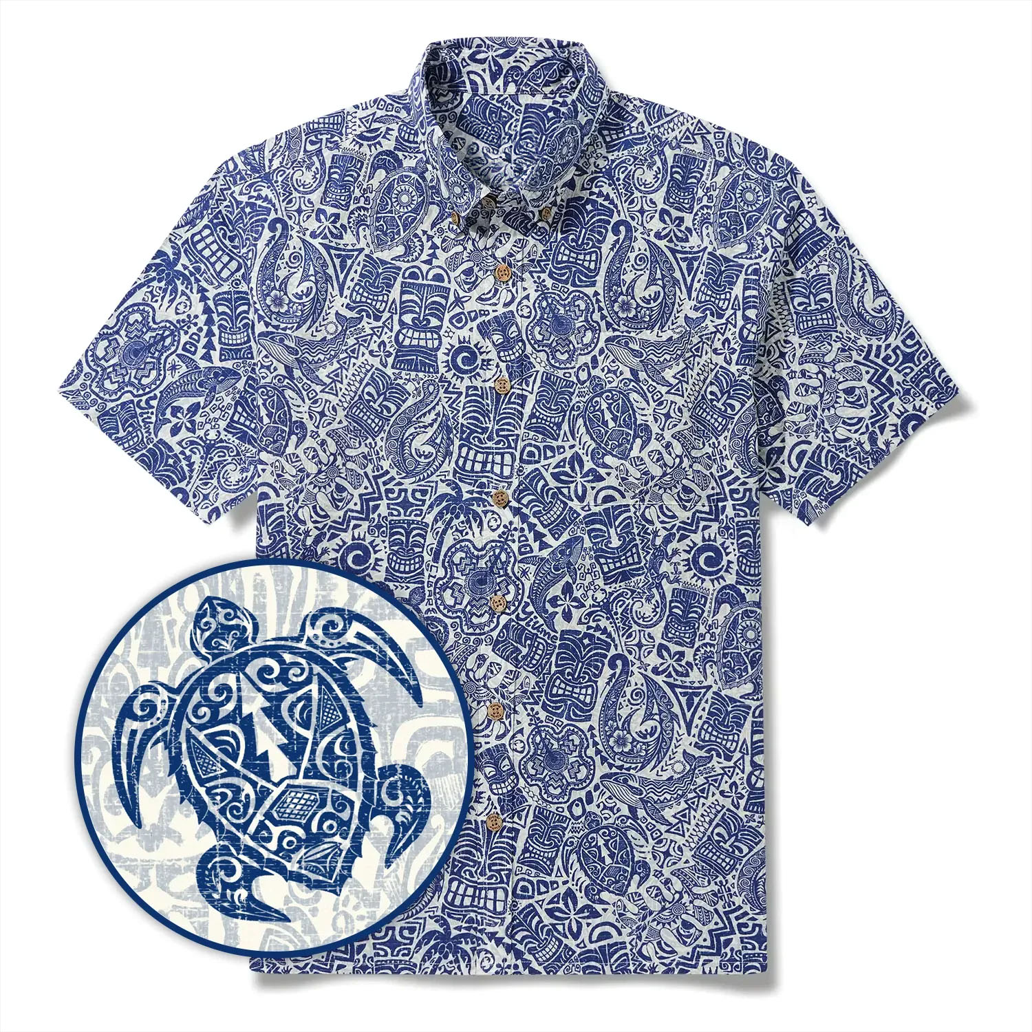 Men's Hawaiian Shirt Short Sleeve Button-down 100% Cotton Blue Retro Totem