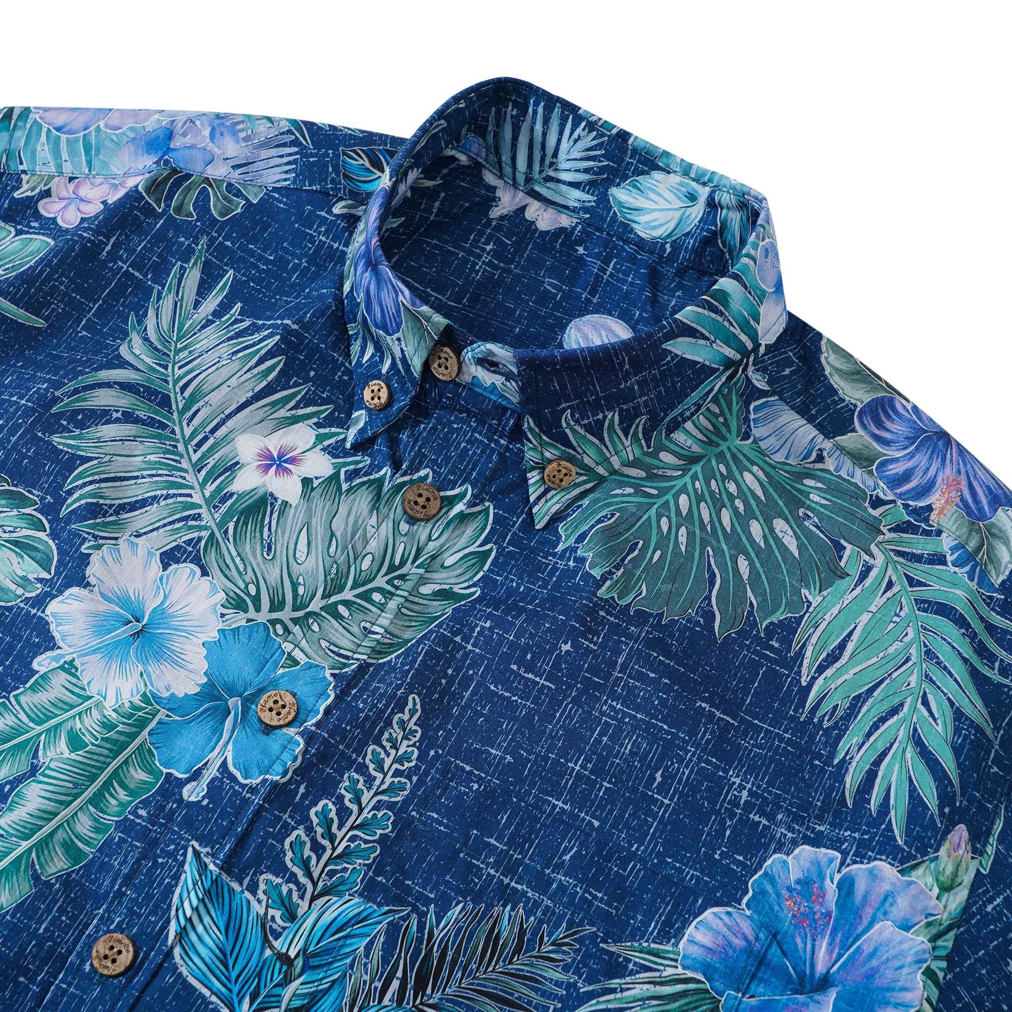 Men's Hawaiian Shirt Short Sleeve Button-down 100% Cotton Green Tranquil Blue Blossoms