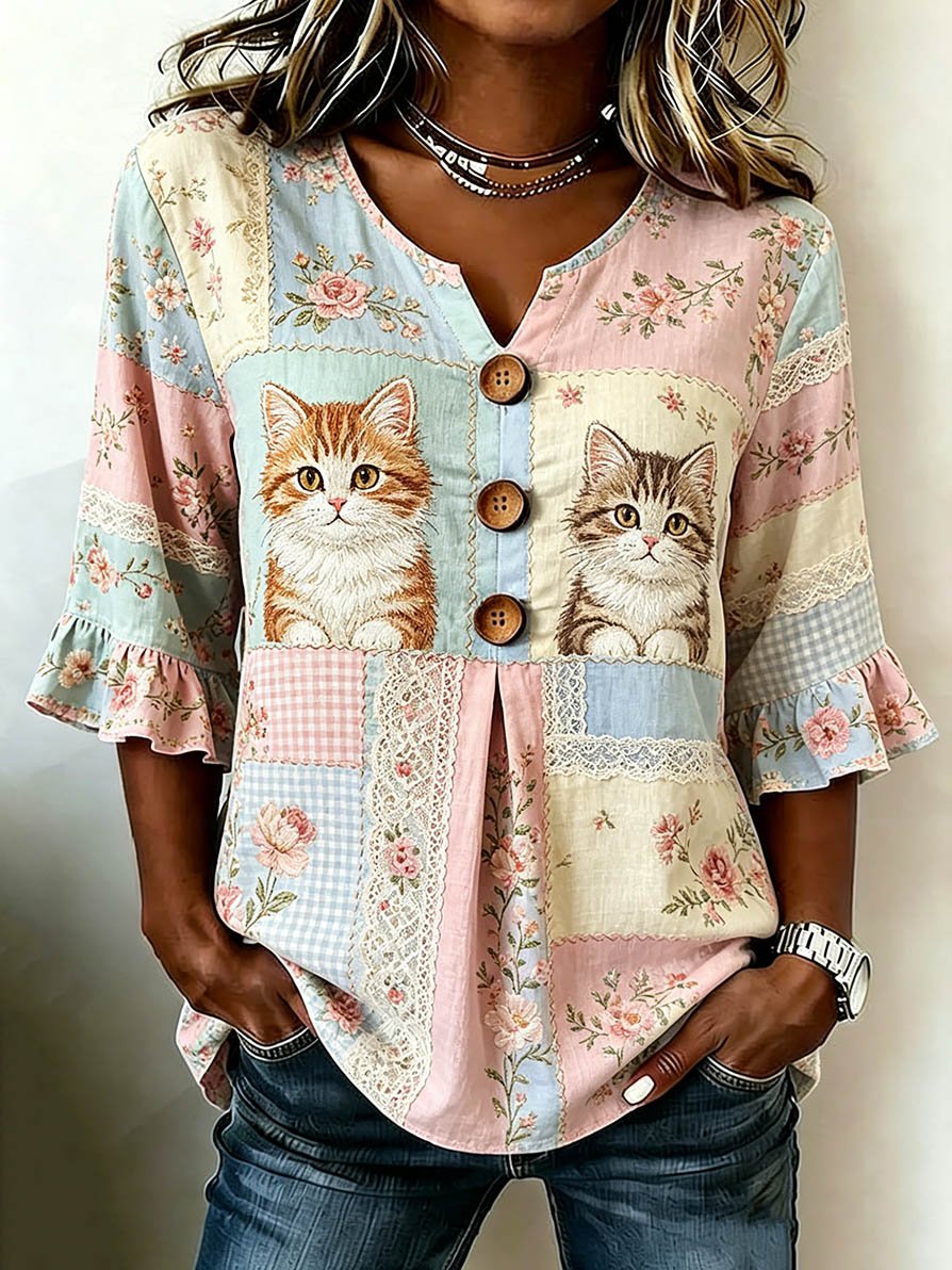 🐱Women's Casual Animal Cat Floral Cotton Linen Top💛100% For Shelter Pets🐱🐶