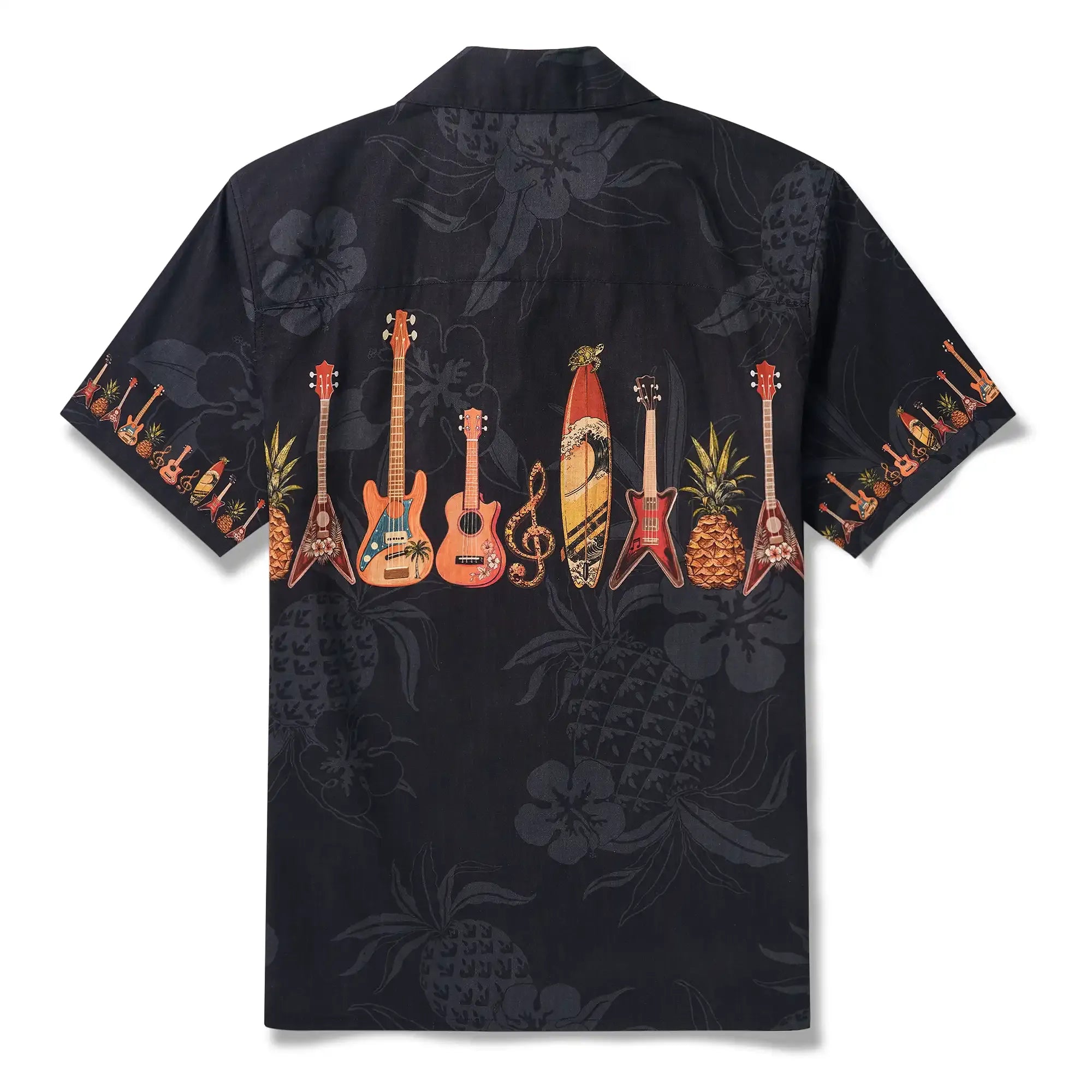 Music Men's Hawaiian Shirt Short Sleeve Camp Collar 100% Cotton Black Aloha Island Serenade