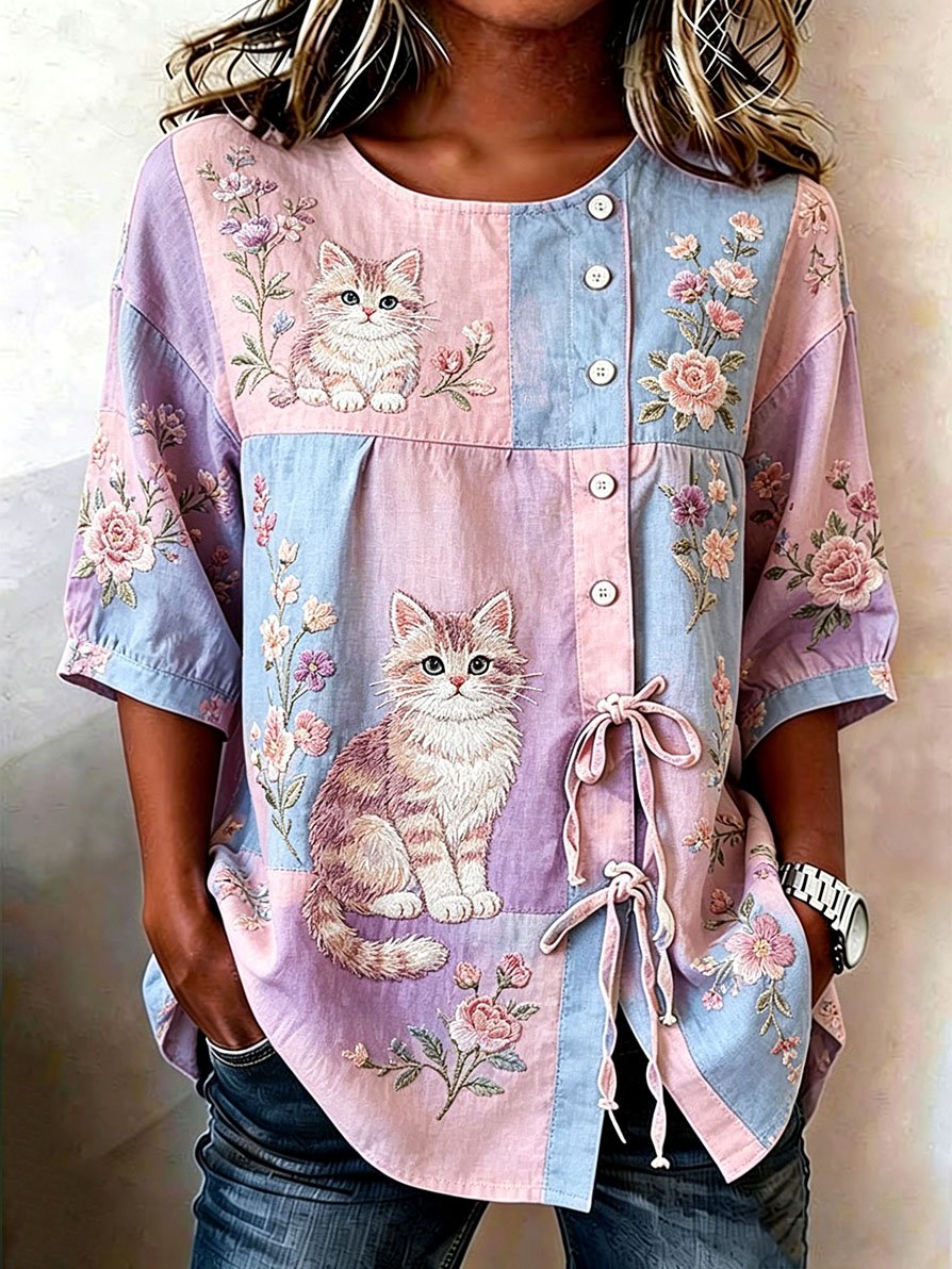 🐱Women's Denim Cat Portrait Patchwork Art Print Casual Top💛100% For Shelter Pets🐱🐶