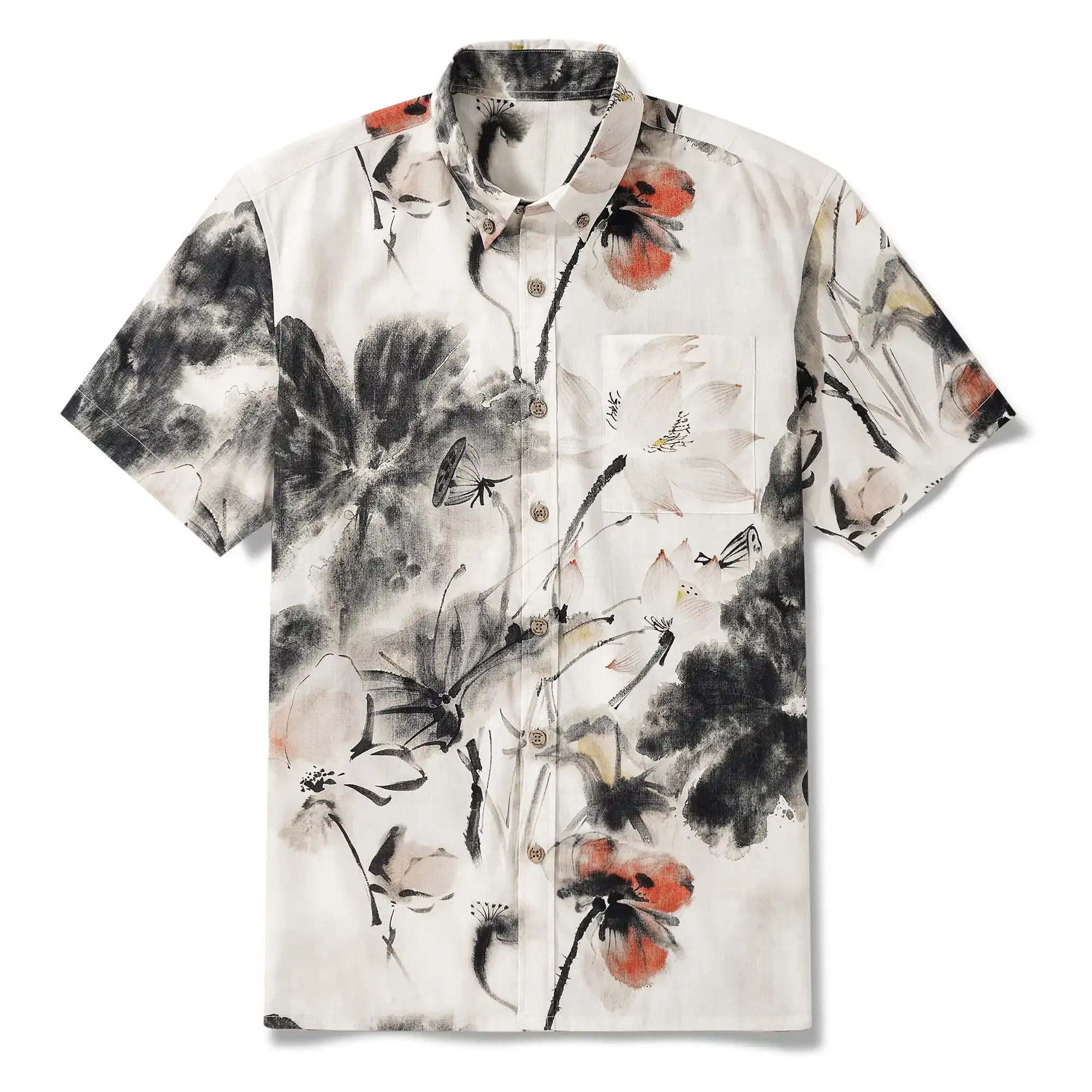 Men's Hawaiian Shirt Short Sleeve Button-down 100% Cotton Gray Aloha Eastern Lotus Elegance Chinese Style Ink Wash Art