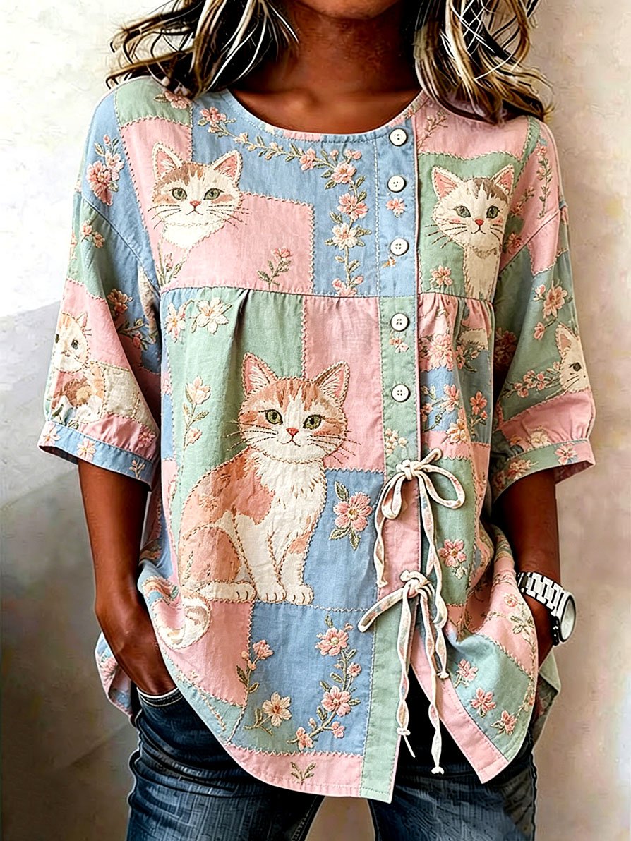 🐱Women's Denim Cat Portrait Patchwork Art Print Casual Top💛100% For Shelter Pets🐱🐶