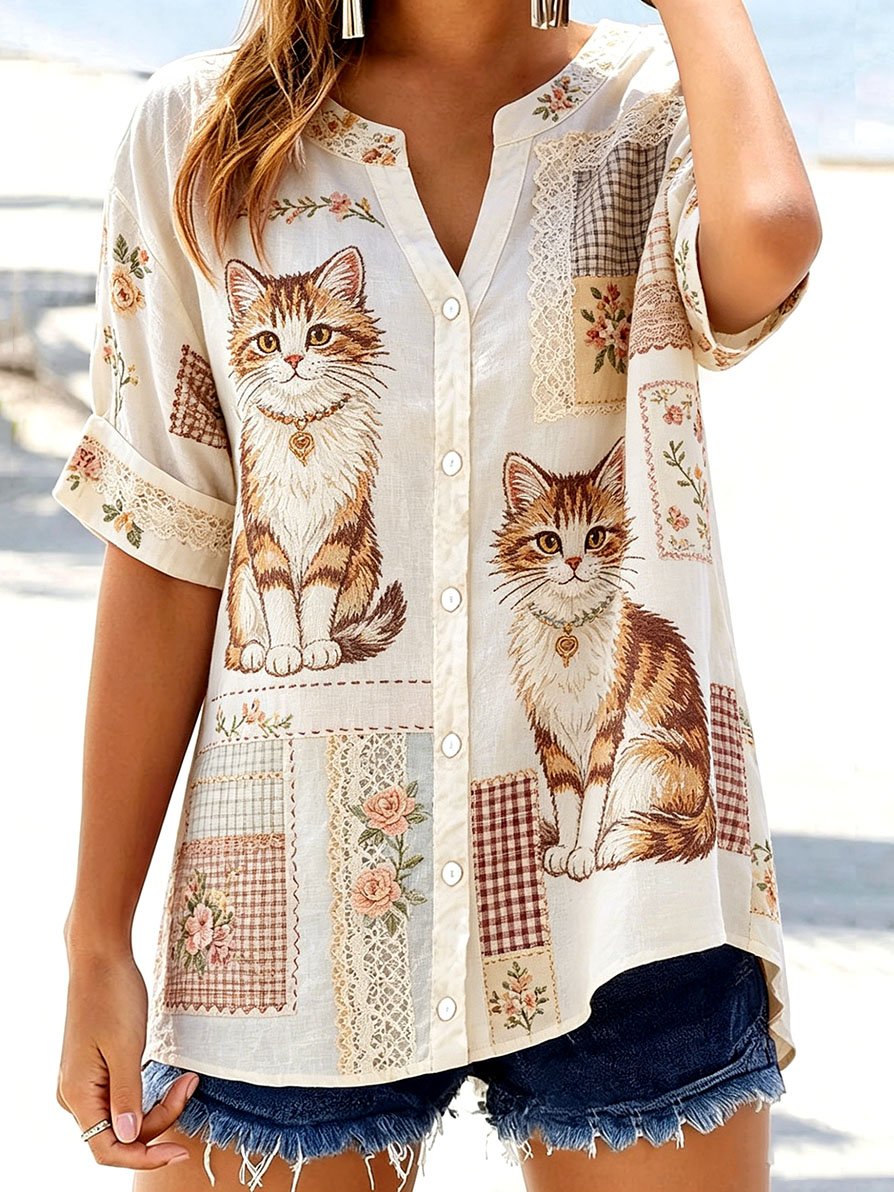 🐱Women's Casual Retro Cat and Floral Top💛