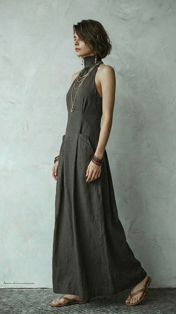  Sleeveless Pocketed Pleated Casual Elegant Long Dress