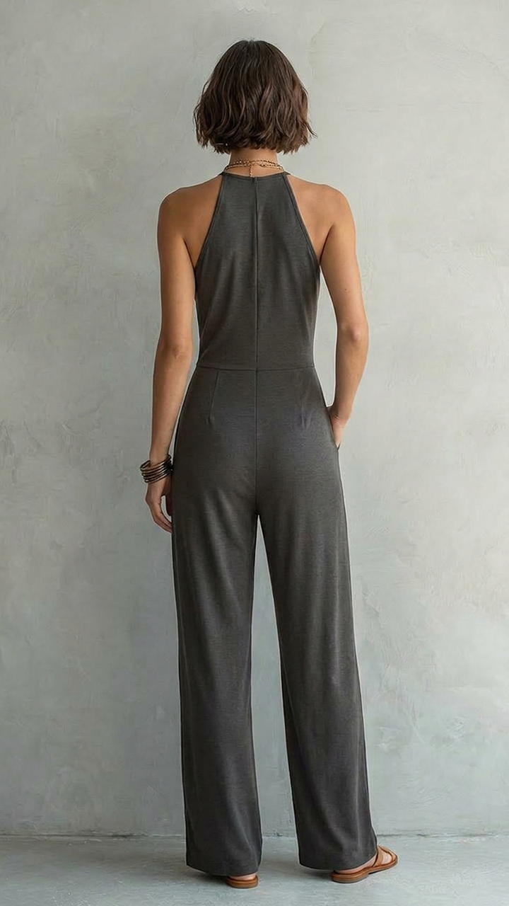 High Neck Halter Knit Wide‑Leg Jumpsuit