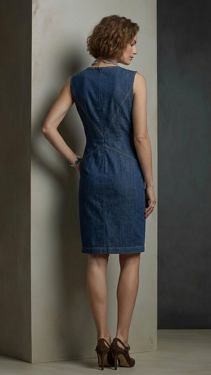 Sleeveless Sheath Denim Midi Dress