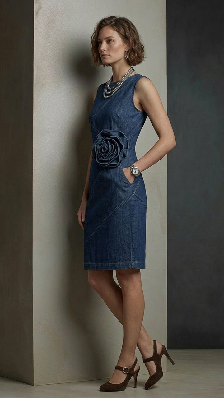 Sleeveless Sheath Denim Midi Dress