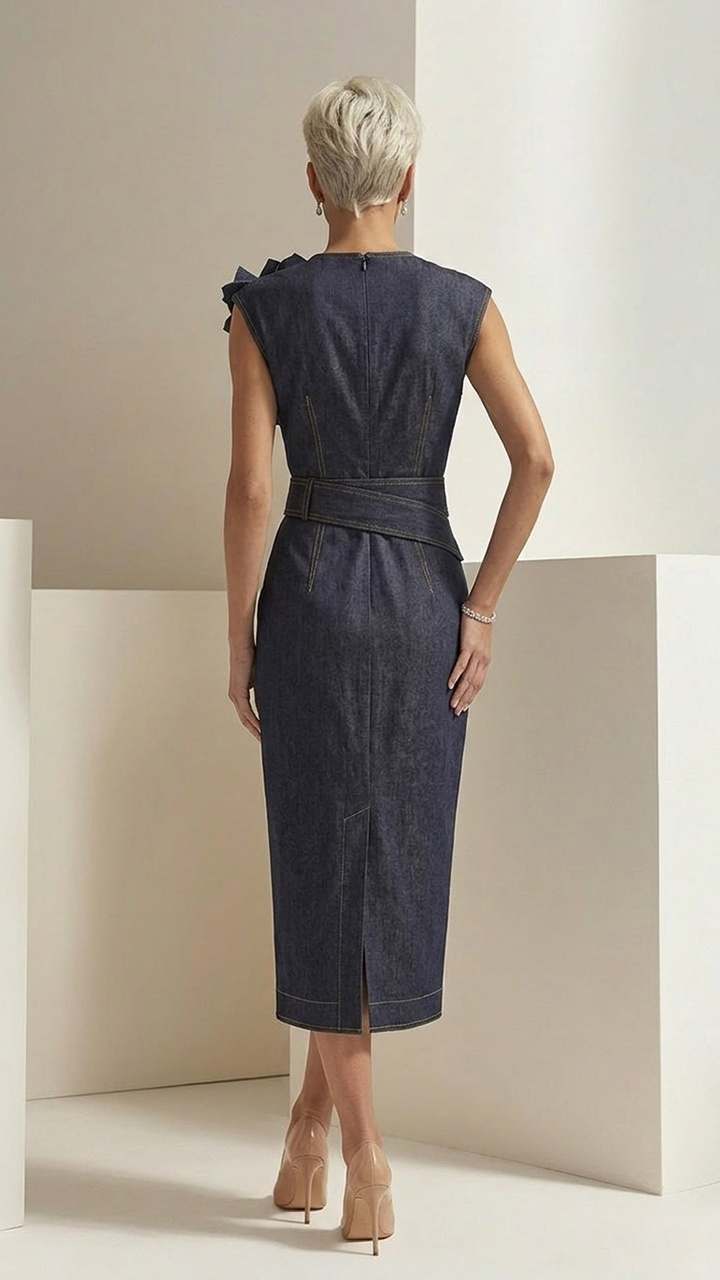 Sleeveless 3D Floral Denim Wrap Midi Dress