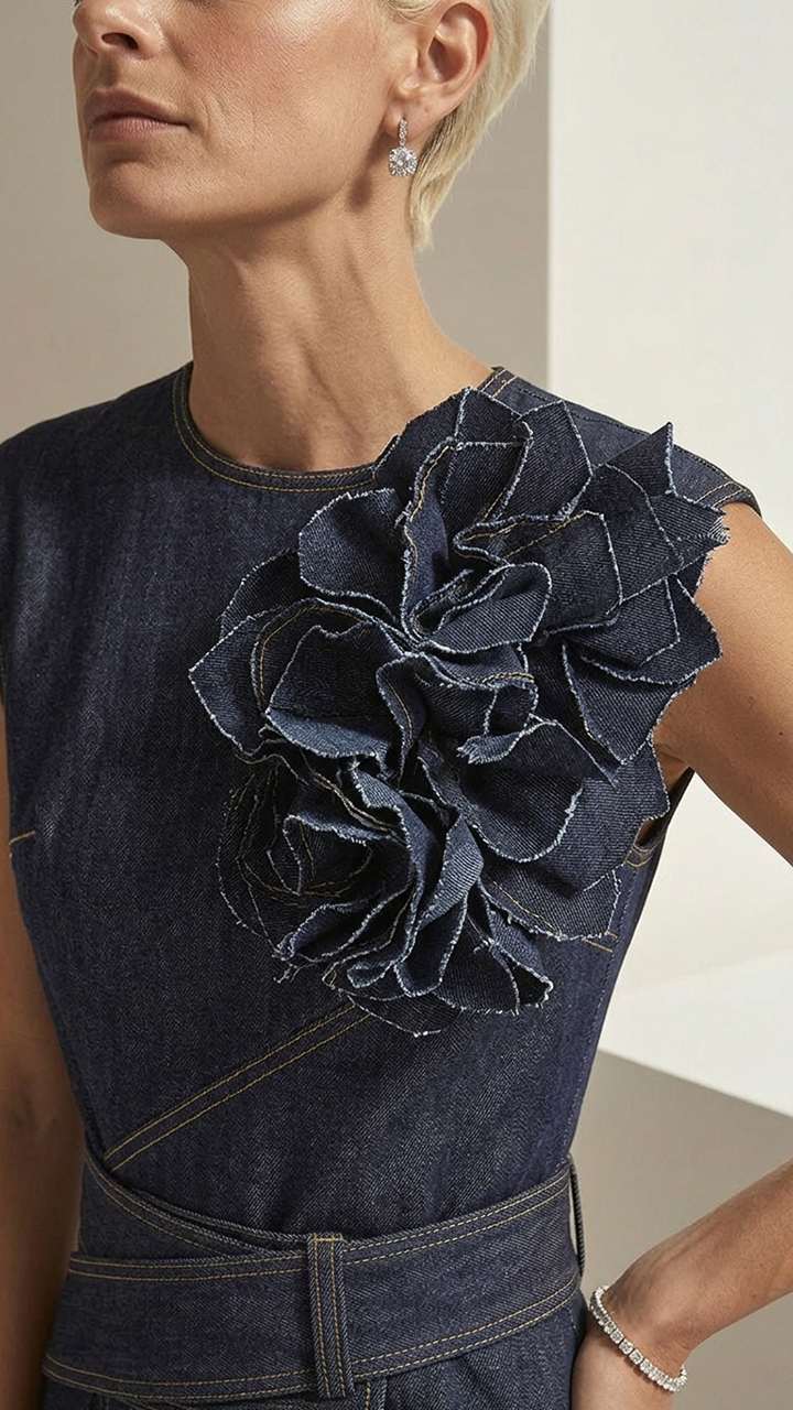 Sleeveless 3D Floral Denim Wrap Midi Dress