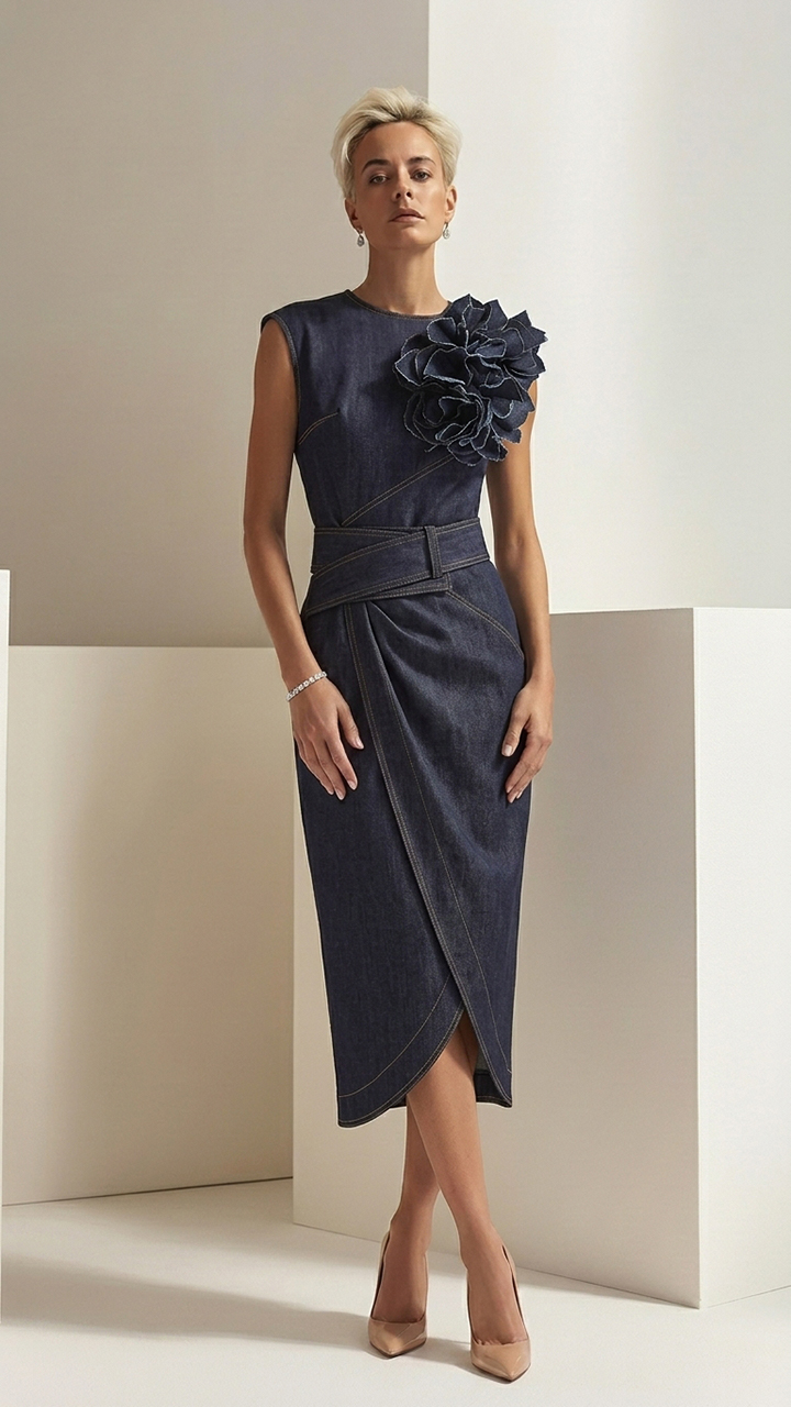 Sleeveless 3D Floral Denim Wrap Midi Dress