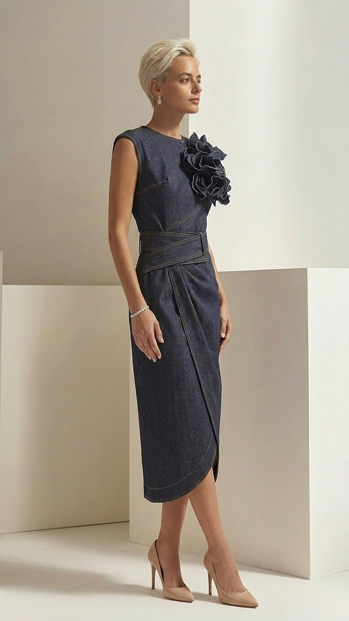 Sleeveless 3D Floral Denim Wrap Midi Dress