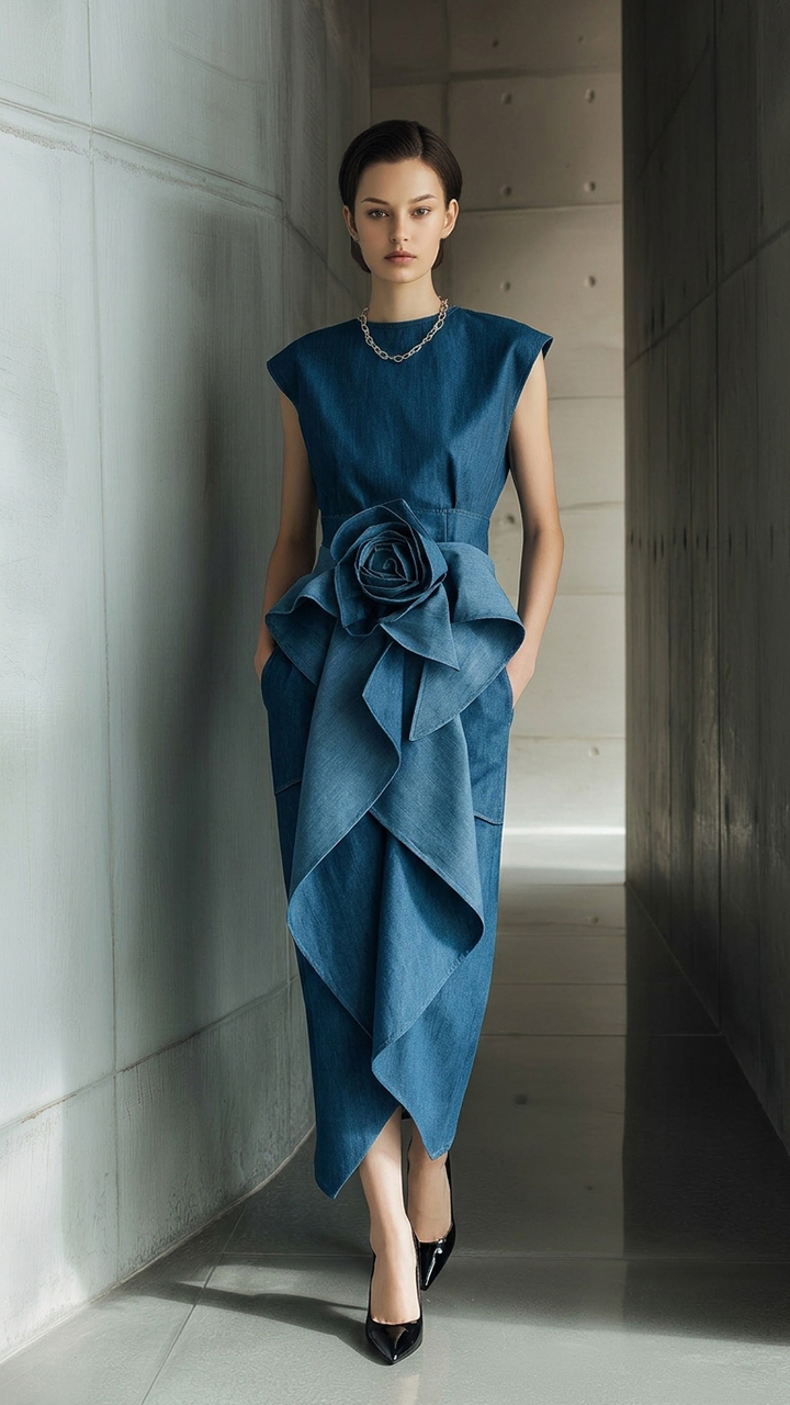 Oversized 3D Rose Ruffle Waist Sheath Dress