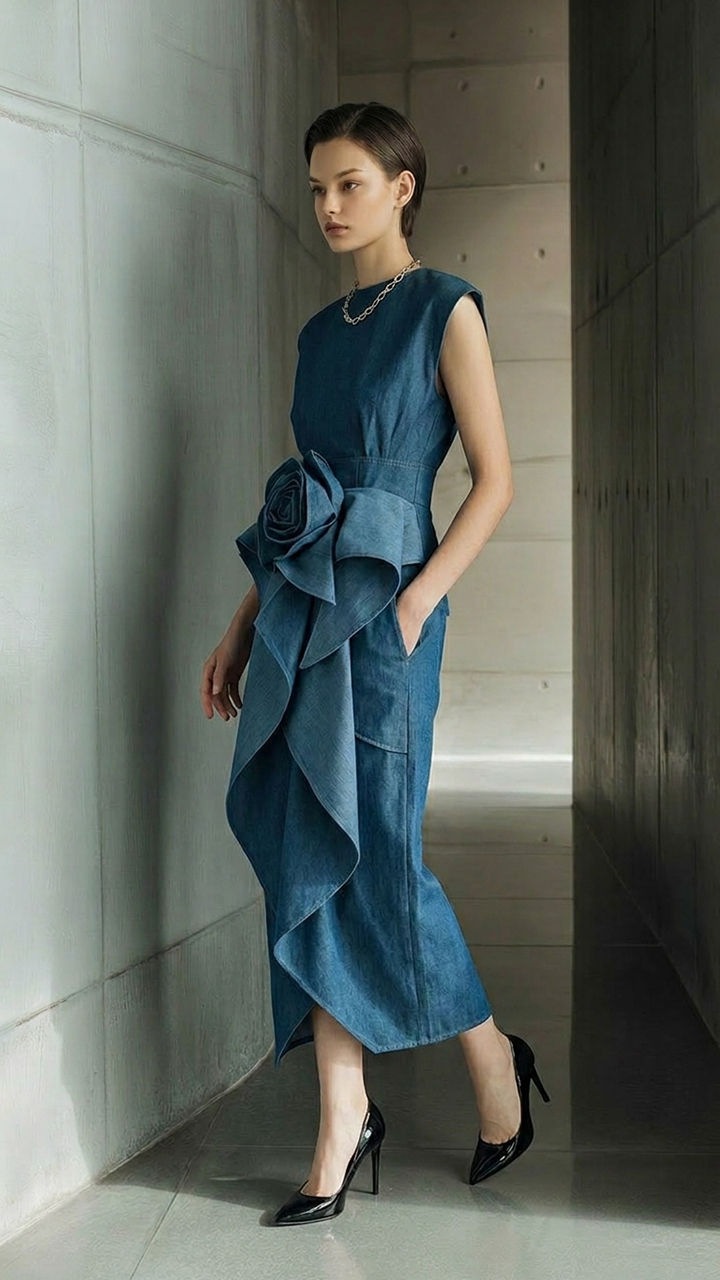 Oversized 3D Rose Ruffle Waist Sheath Dress